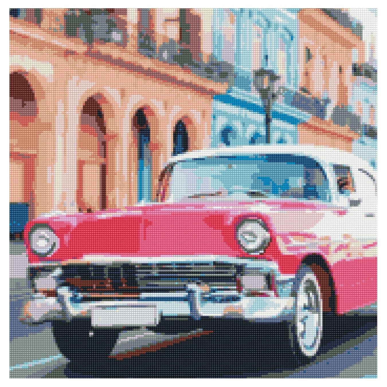 Diamond mosaic Premium "Pink car of Havana", 50x50 cm