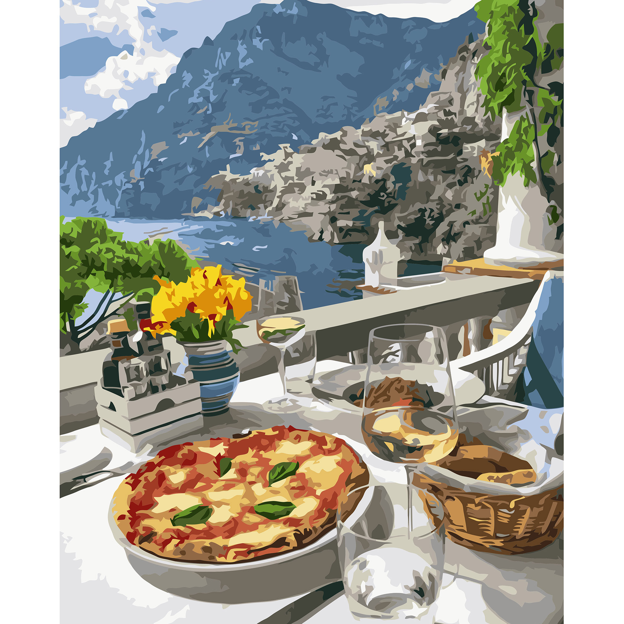 Картина за номерами Strateg ПРЕМІУМ Сніданок у горах з лаком розміром 40х50 см VA-3216