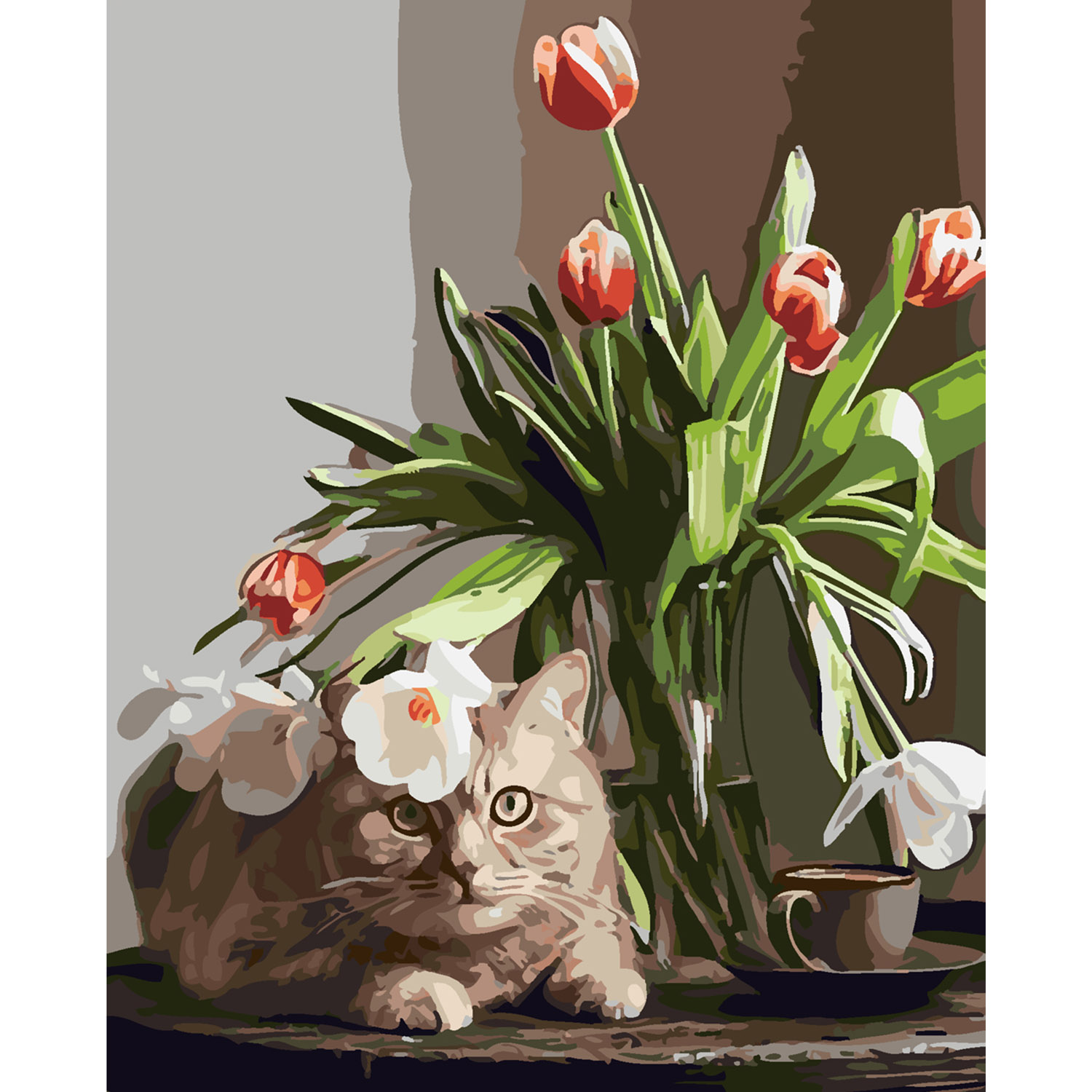 Картина за номерами Strateg ПРЕМІУМ Котик з тюльпанами з лаком розміром 40х50 см SY6274