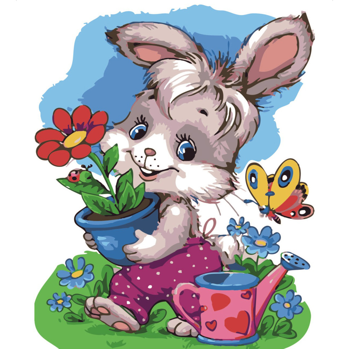 Картина за номерами Strateg ПРЕМІУМ Кролик садівник з лаком розміром 30х40 см SS-6409