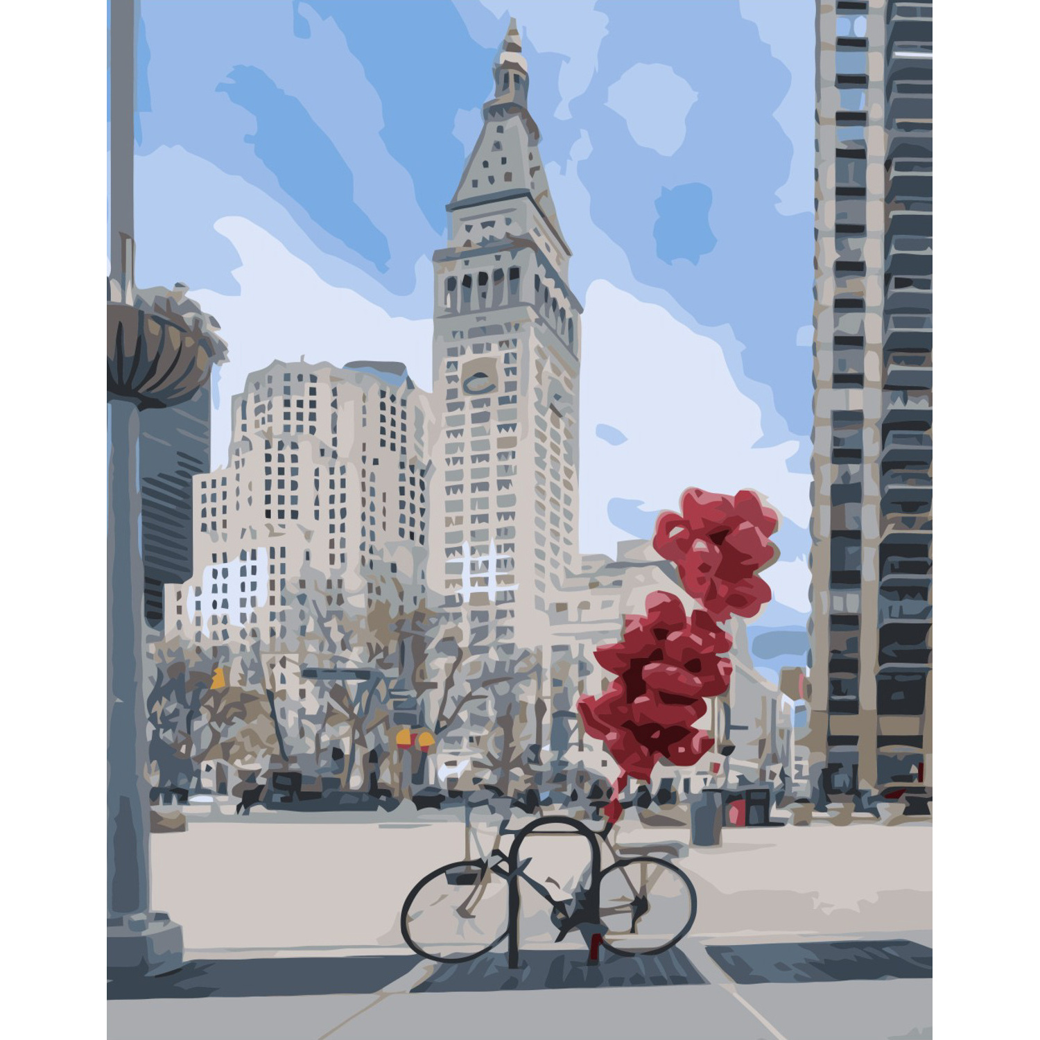 Картина за номерами Strateg ПРЕМІУМ Припаркований велосипед з кульками з лаком та рівнем розміром 40х50 см VA-3329