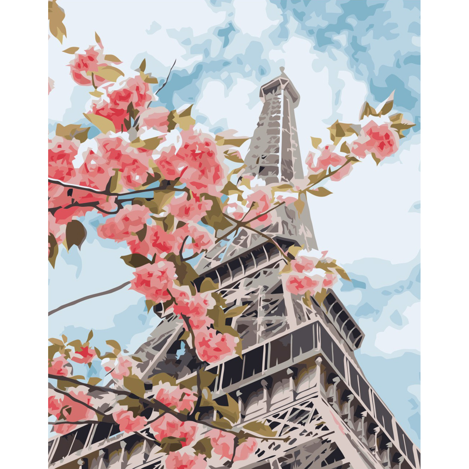 Картина за номерами Strateg ПРЕМІУМ Цвітіння сакури у Парижі з лаком розміром 40х50 см VA-3331