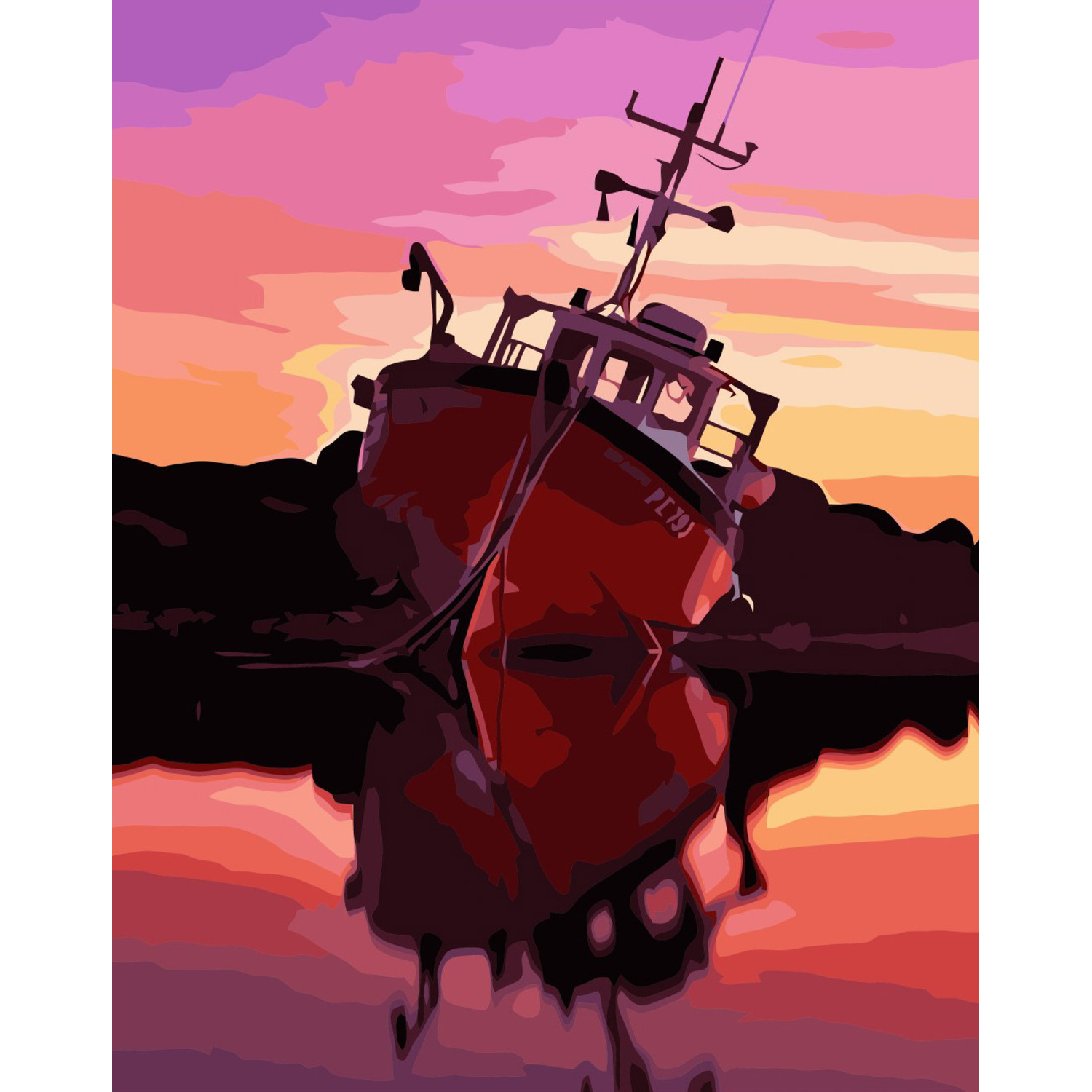 Картина за номерами Strateg ПРЕМІУМ Рибальське судно на заході сонця з лаком та рівнем розміром 40х50 см VA-3342