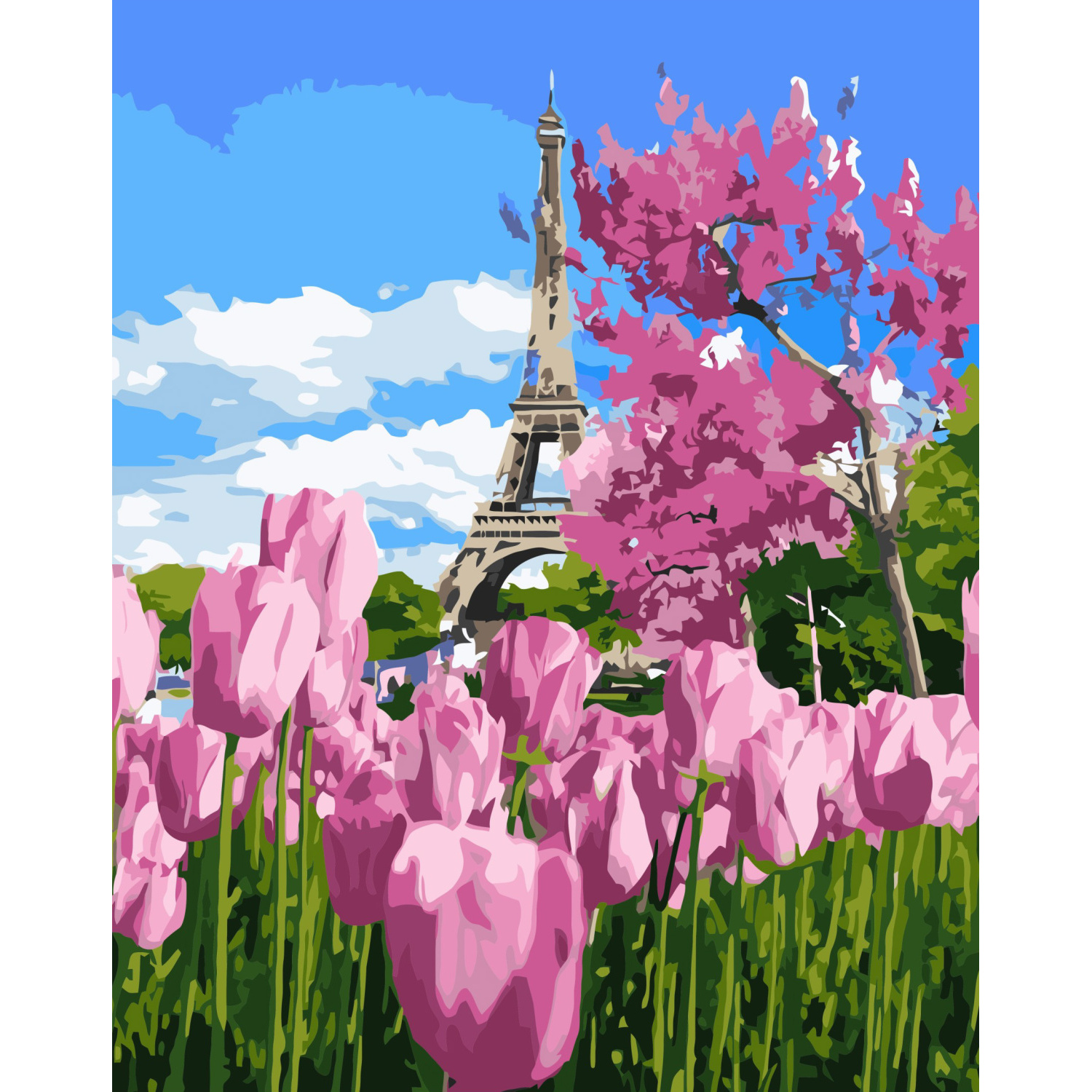 Картина за номерами ПРЕМІУМ Весняні тюльпани у Парижі з лаком та рівнем 40х50 см VA-3358