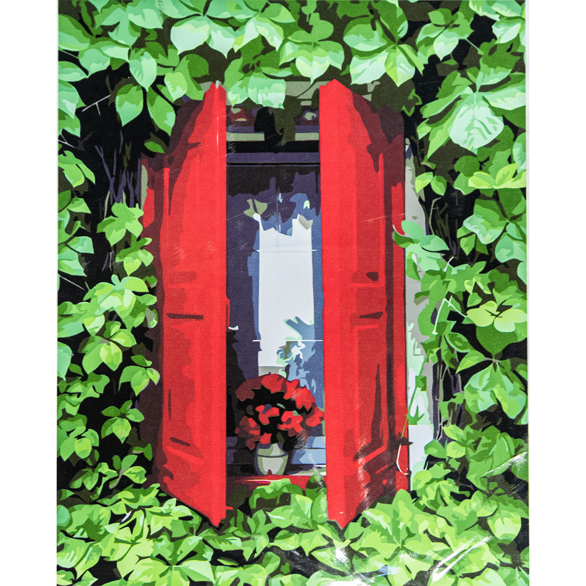Картина за номерами Strateg ПРЕМІУМ Червоні віконниці з лаком розміром 40х50 см VA-3382