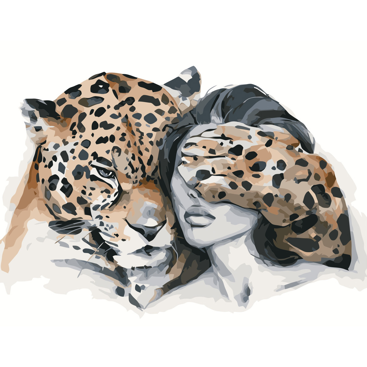 Картина за номерами Strateg ПРЕМІУМ Дівчина з леопардом з лаком розміром 40х50 см (VA-3419)