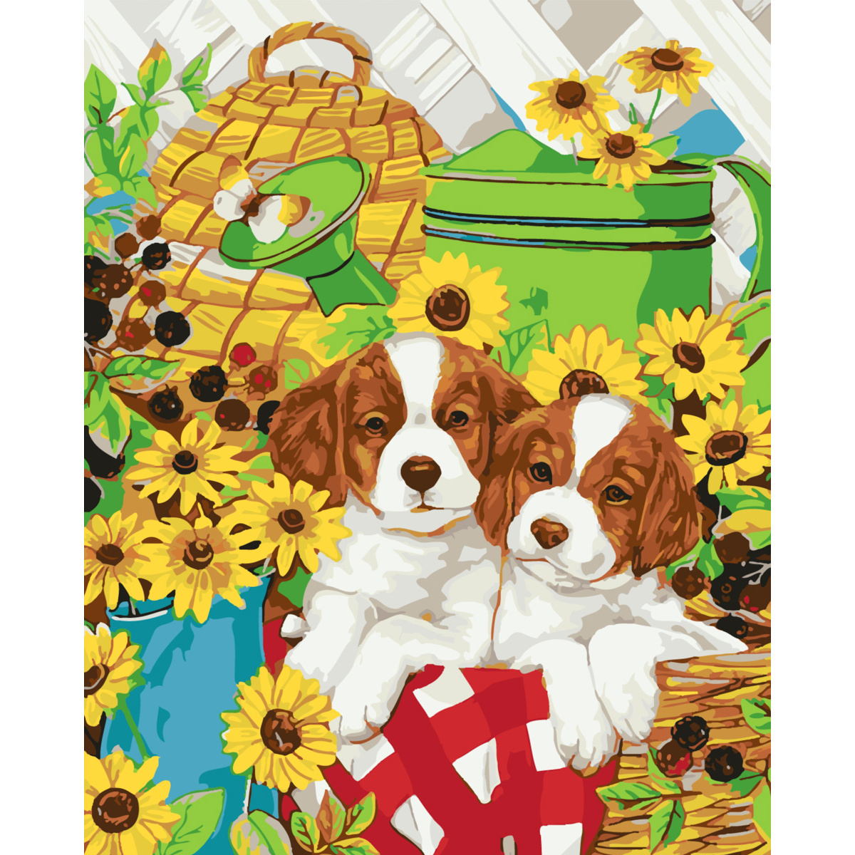 Picture by numbers Strateg PREMIUM Puppies among sunflowers with varnish and a level size 30х40  cm SS-6417