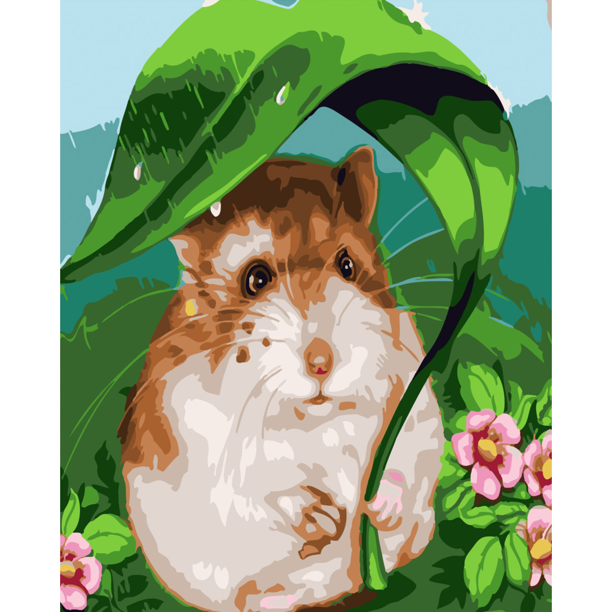 Picture by numbers Strateg PREMIUM A hamster under a leaf with varnish and a level size 30х40  cm SS-6421