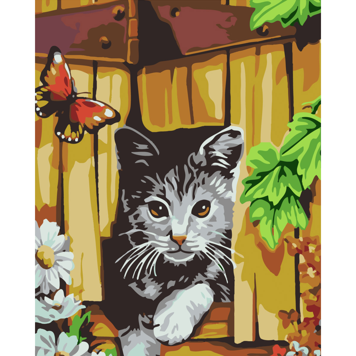 Картина по номерам  Strateg ПРЕМИУМ "Котик и бабочка возле забора" с лаком и уровнем 30х40 см SS-645