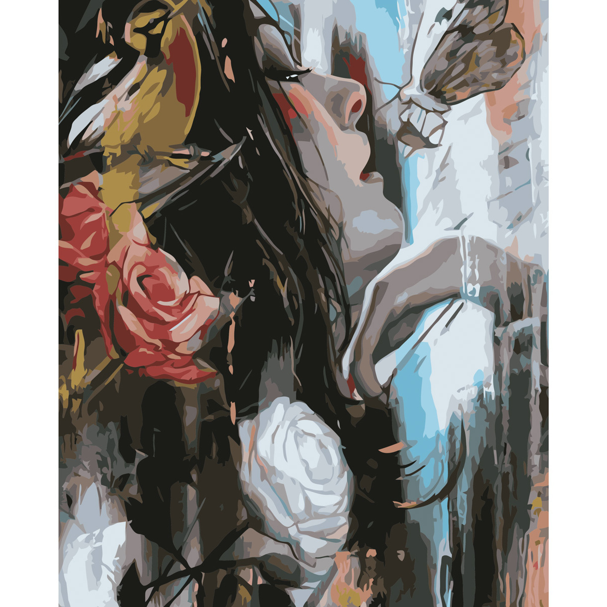Картина за номерами Дівчина з метеликом Strateg з лаком та рівнем розміром 40х50 см (VA-0893)