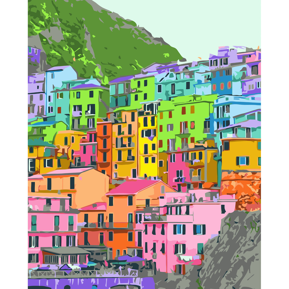 Картина за номерами Різнокольорові будиночки Strateg з лаком та рівнем розміром 40х50 см (VA-3581)