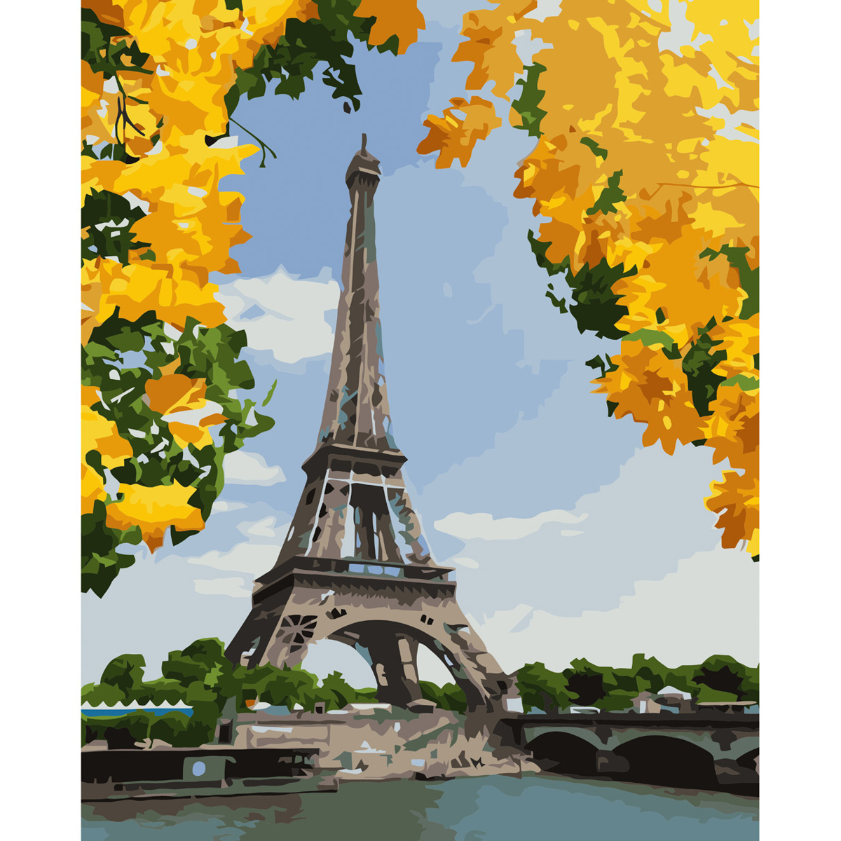 Картина за номерами Strateg ПРЕМІУМ Ейфелева вежа в жовтому листі з лаком розміром 40х50 см VA-3589