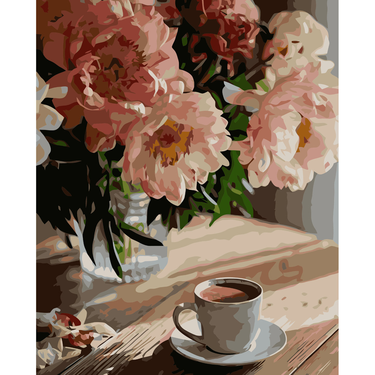 Malen nach Zahlen Strateg PREMIUM Kaffee in der Nähe von Blumen mit Lackgröße 40x50 cm VA-3594