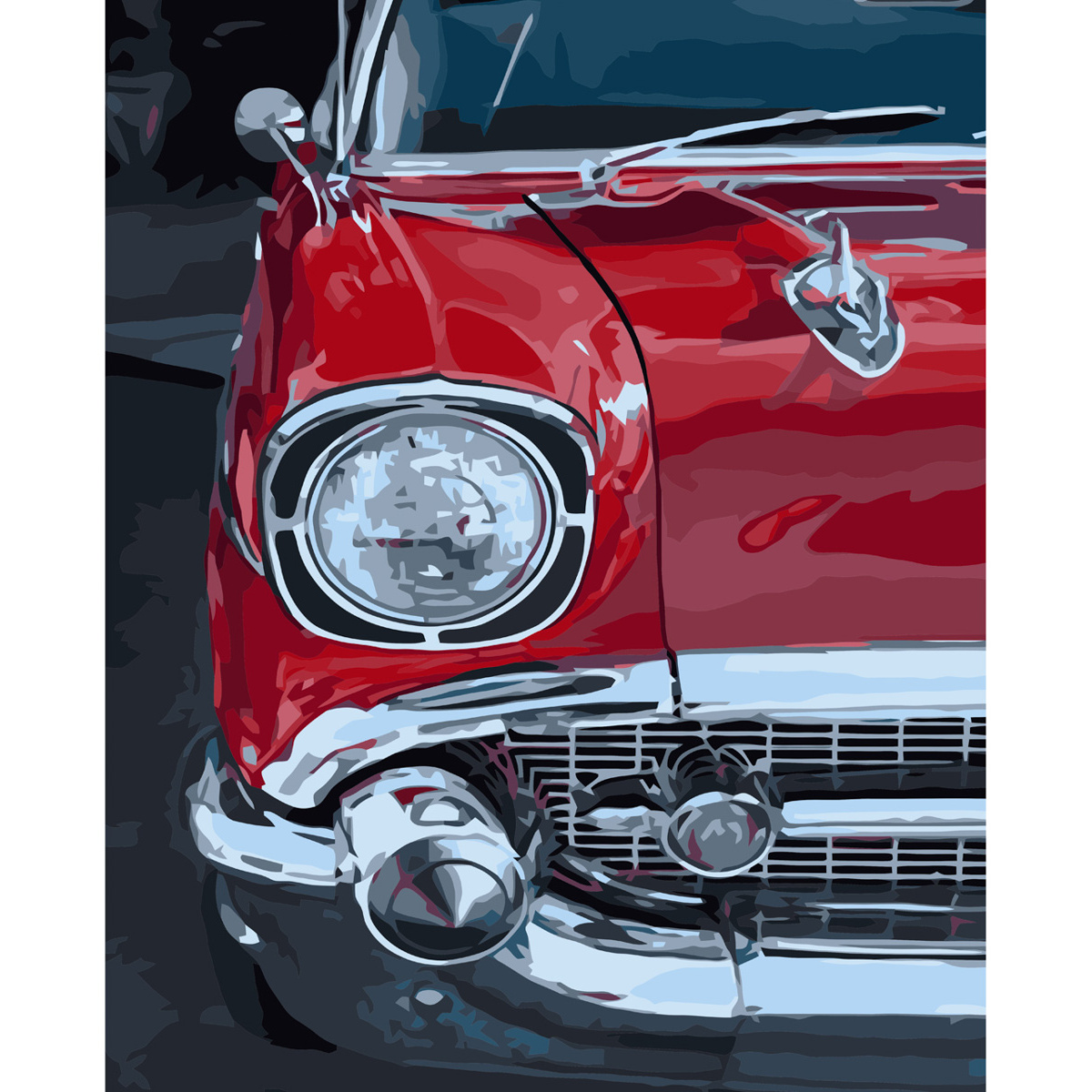 Картина за номерами Strateg ПРЕМІУМ Око червоного автомобіля з лаком та рівнем розміром 40х50 см VA-3608
