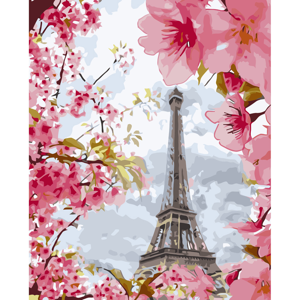 Картина за номерами Strateg ПРЕМІУМ Ейфелева вежа в рожевих квітах з лаком розміром 40х50 см VA-3612