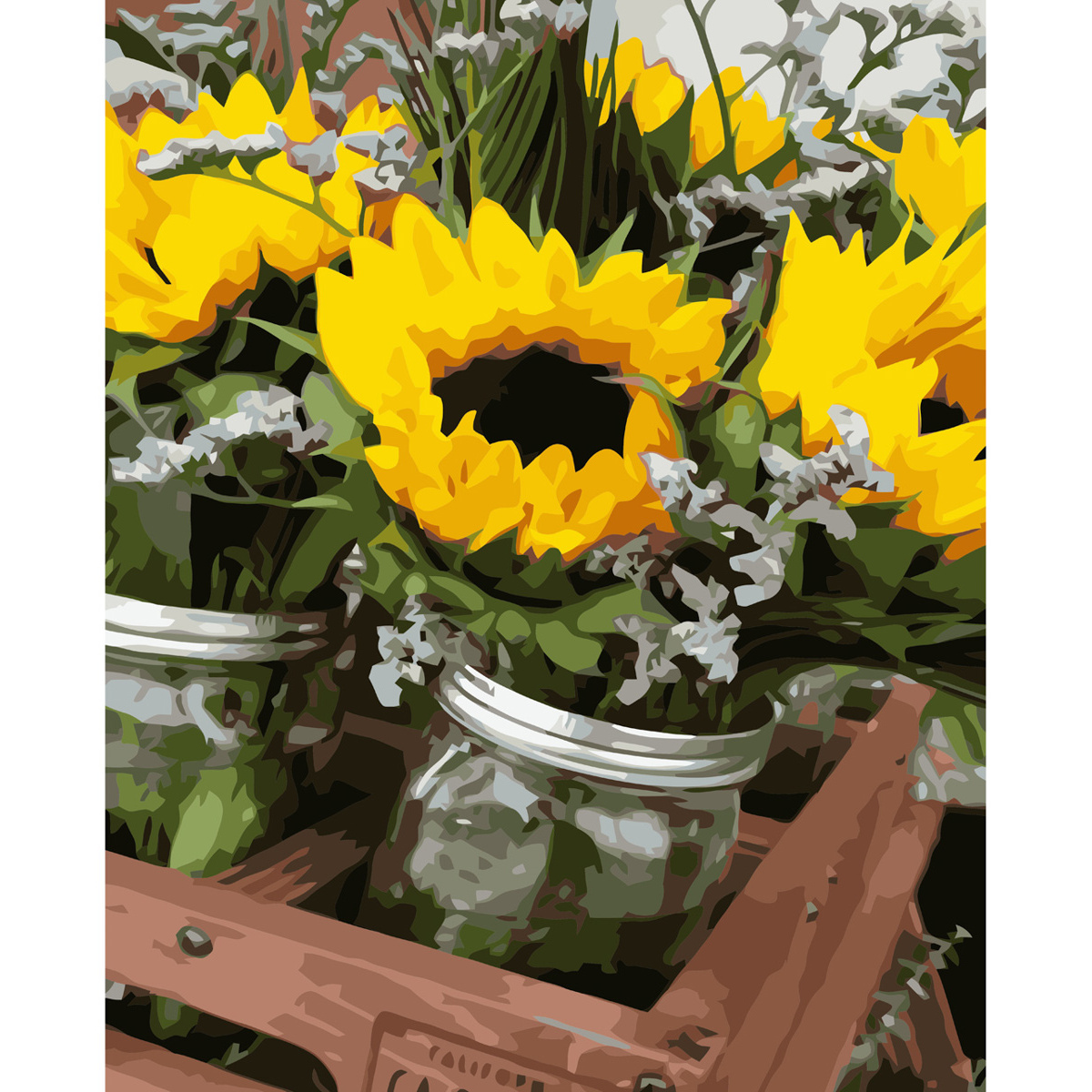 Malen nach Zahlen Strateg PREMIUM Sonnenblumen in Gläsern mit Lackgröße 40x50 cm VA-3613