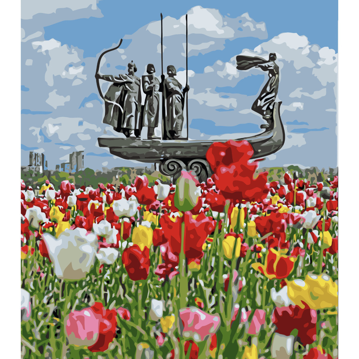 Картина за номерами Strateg ПРЕМІУМ Засновники серед тюльпанів з лаком та рівнем розміром 40х50 см SY6551
