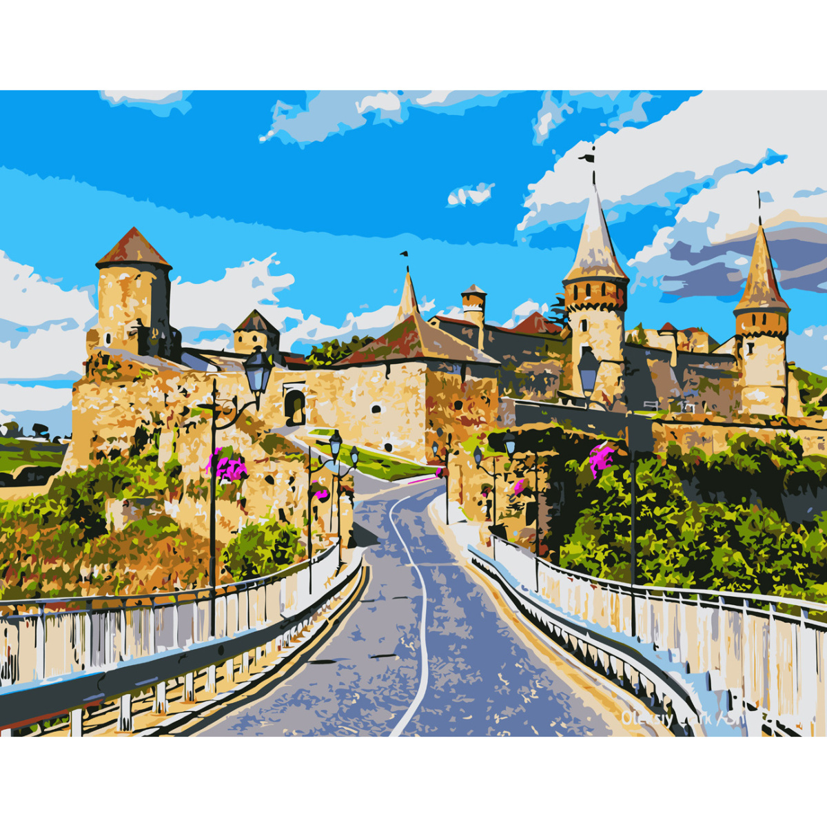 Картина за номерами Strateg ПРЕМІУМ Кам'янець-Подільський замок з лаком та рівнем розміром 40х50 см SY6560