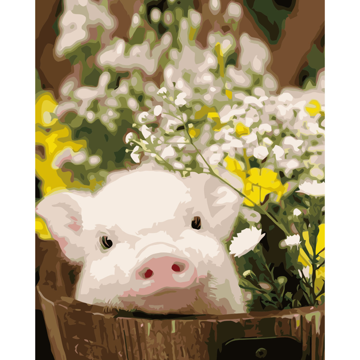 Картина за номерами Strateg ПРЕМІУМ Свинка в горшечку з лаком розміром 40х50 см VA-3692