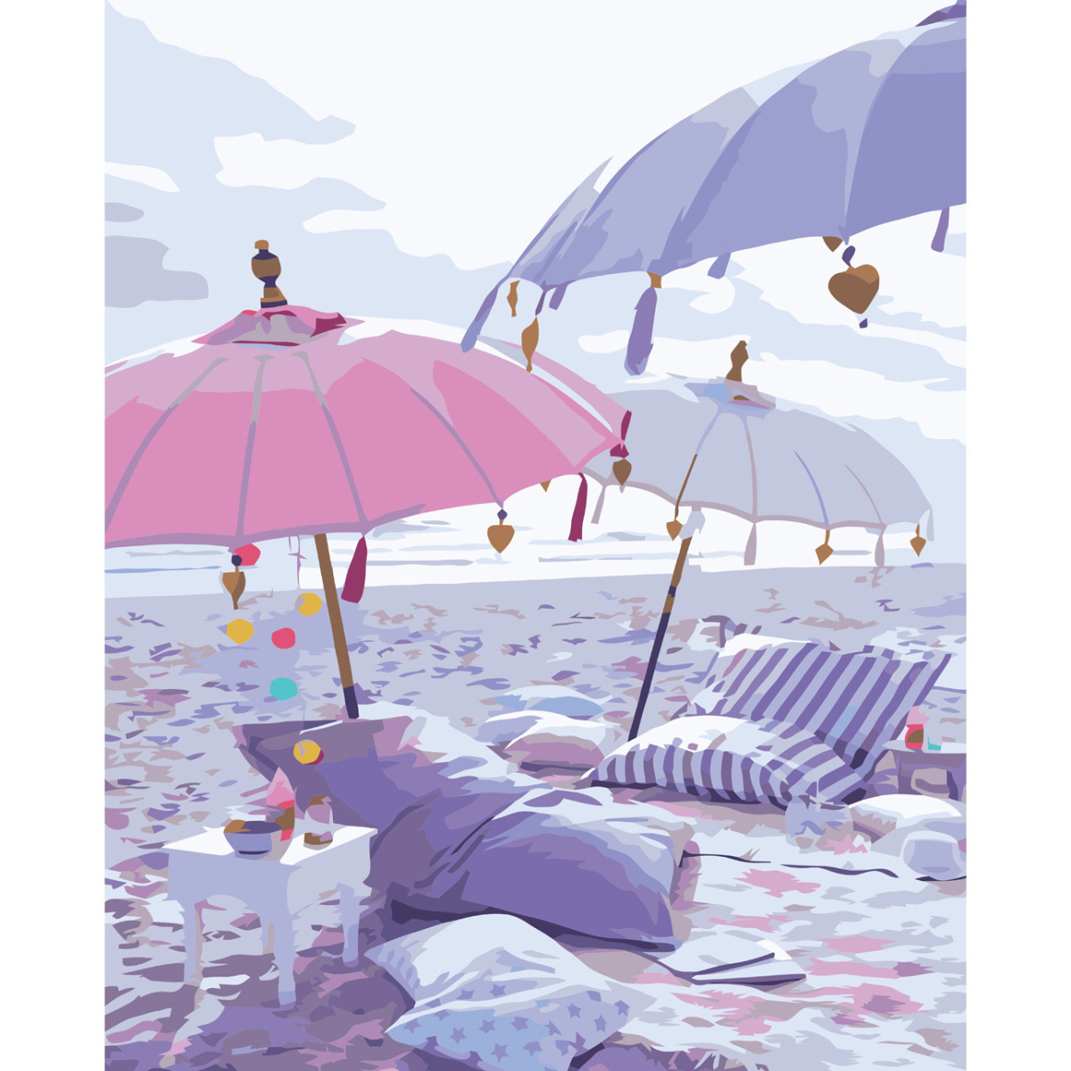 Картина за номерами Strateg ПРЕМІУМ Парасолі на пляжі з лаком та рівнем розміром 40х50 см VA-3736