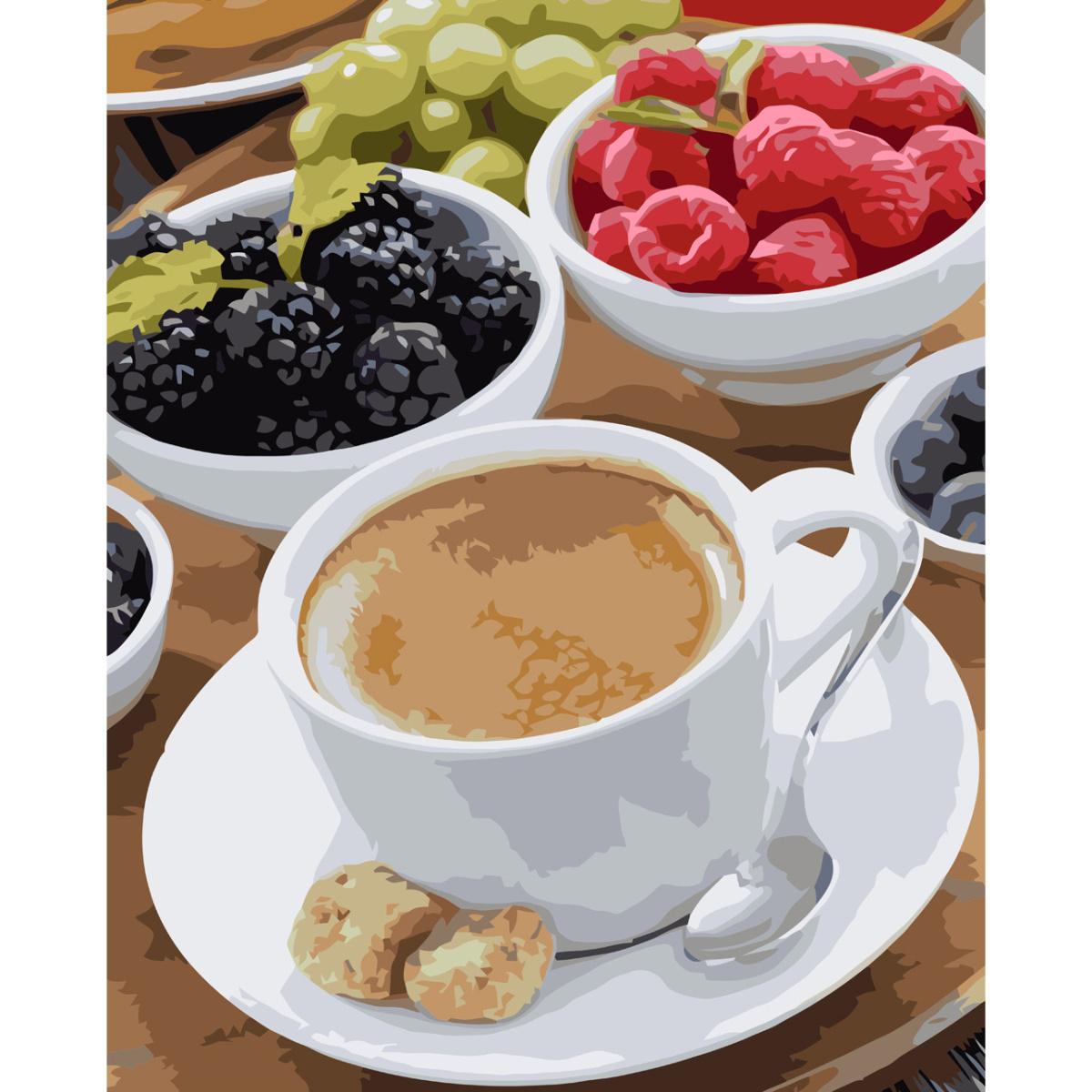 Картина за номерами Strateg ПРЕМІУМ Сніданок з кавою та фруктами з лаком та рівнем розміром 40х50 см VA-3741
