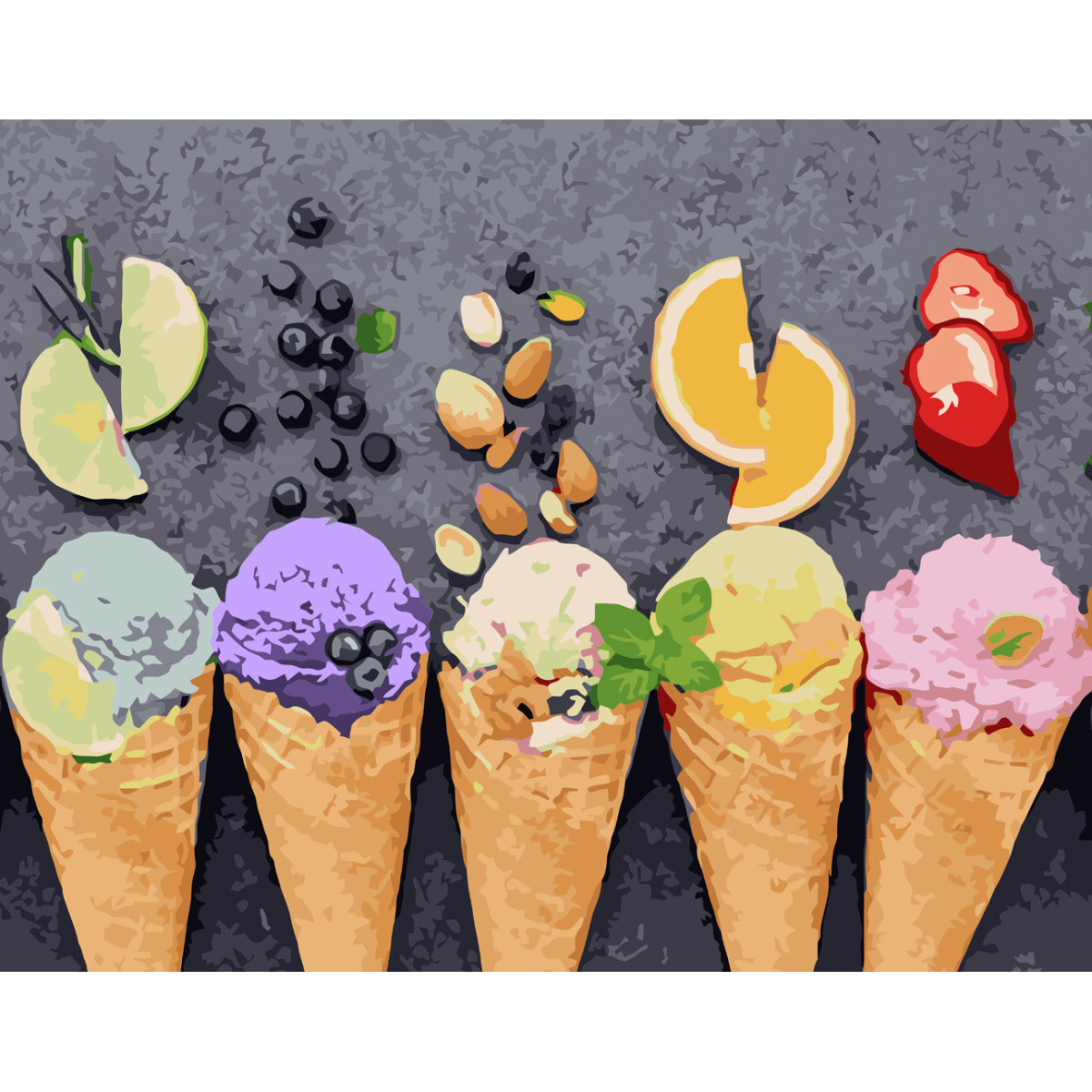 Картина за номерами Strateg ПРЕМІУМ Ріжки фруктового морозива з лаком та рівнем розміром 40х50 см VA-3753
