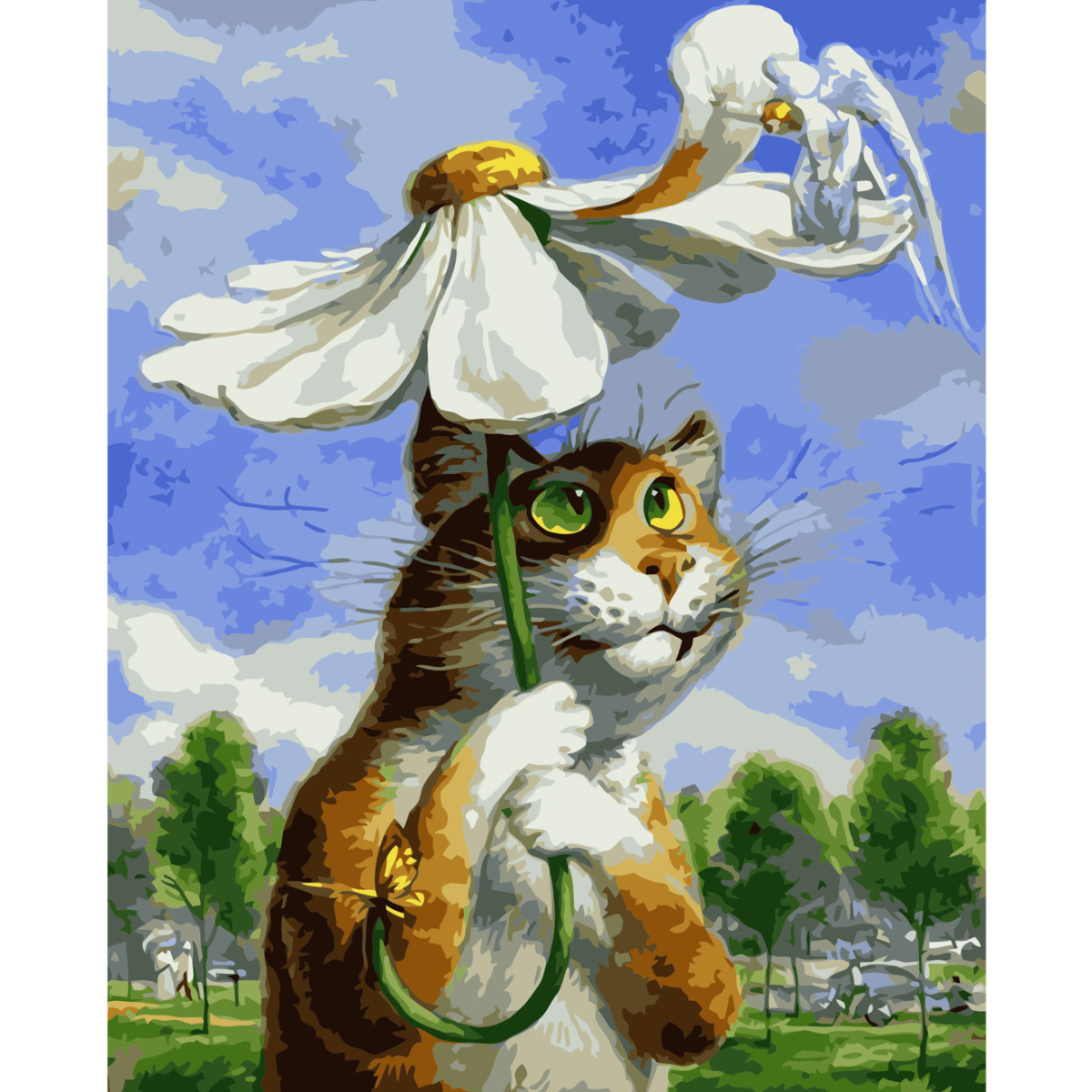 Картина за номерами Strateg ПРЕМІУМ Кіт з ромашкою з лаком розміром 40х50 см VA-0976
