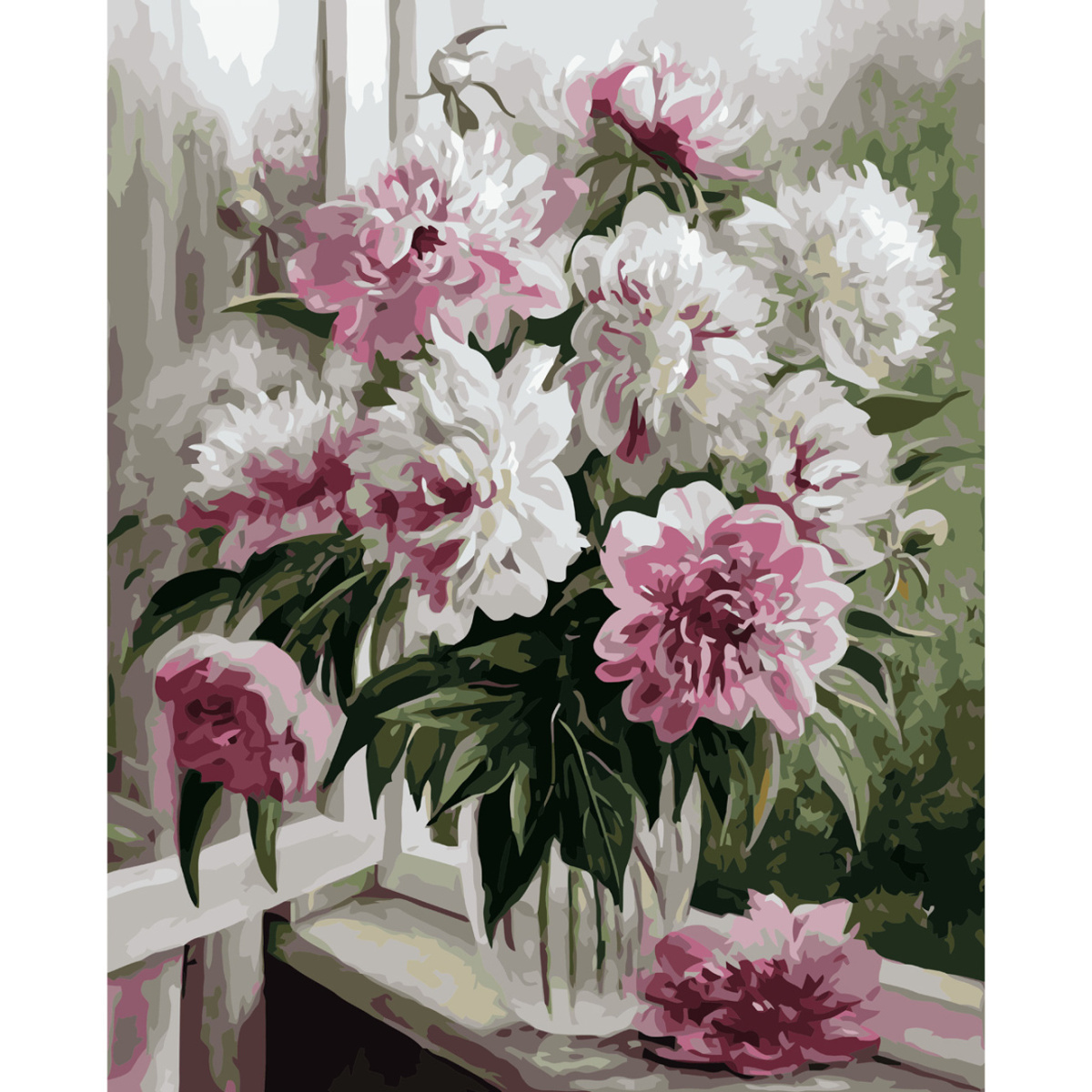 Malen nach Zahlen Strateg PREMIUM Blumenstrauß am Fenster mit Lackgröße 40x50 cm VA-2874