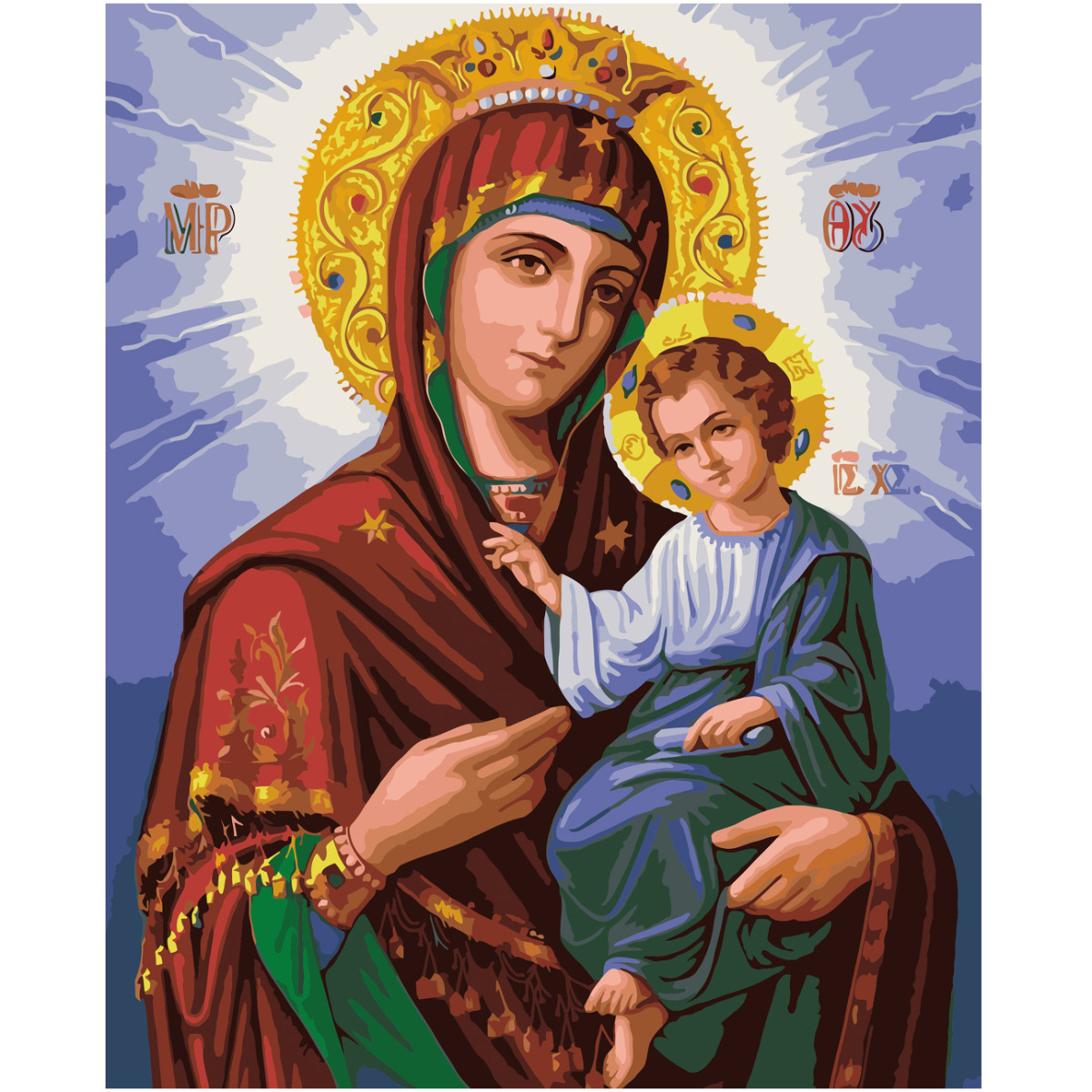Картина за номерами Strateg ПРЕМІУМ Іверська ікона Божої Матері з лаком та рівнем розміром 40х50 см SY6578