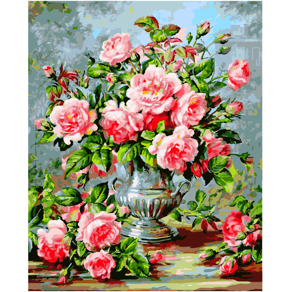 Картина по номерам Strateg Розы в серебряной вазе с лаком и уровнем 40х50 см SY6599