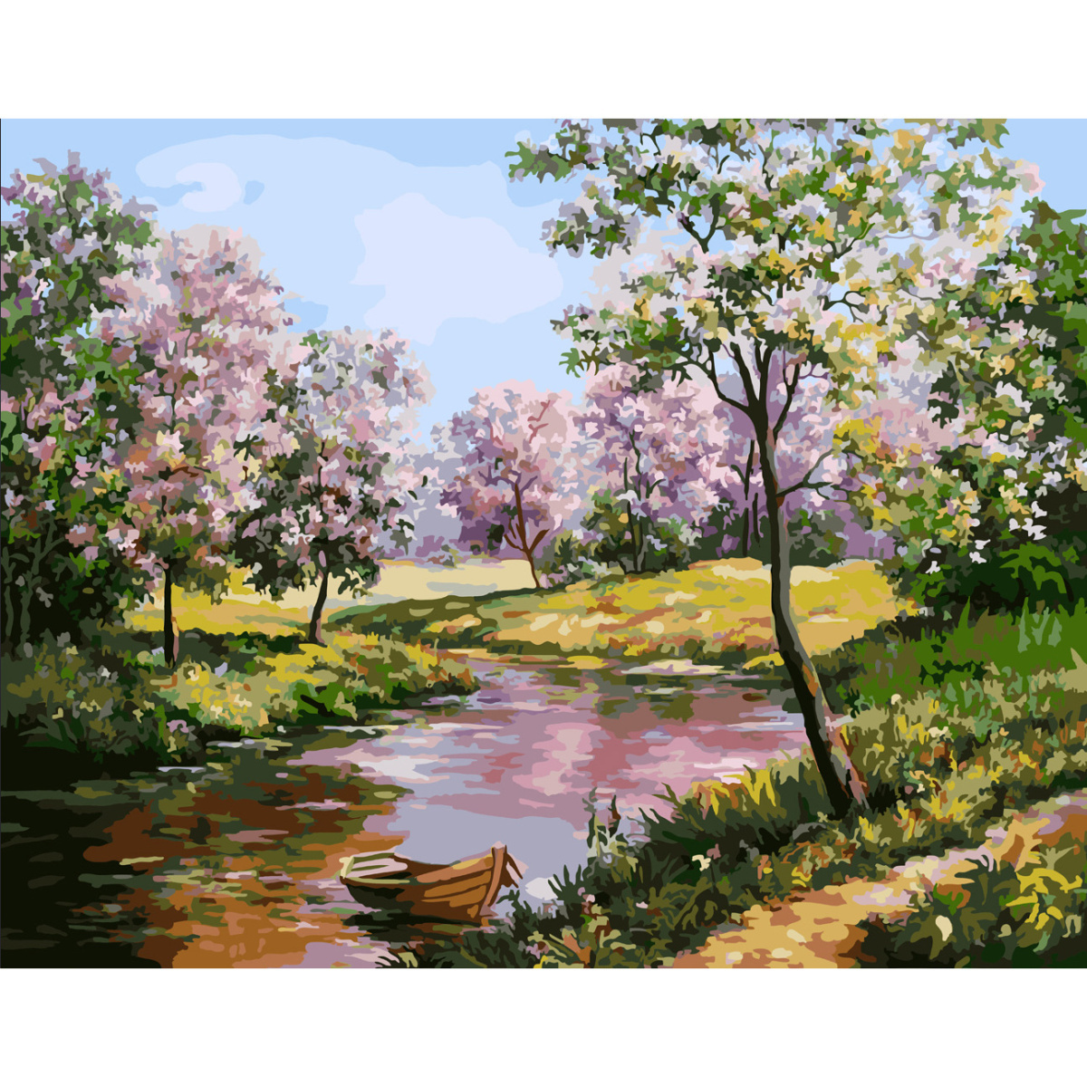 Картина за номерами Strateg ПРЕМІУМ Річка серед квітучих дерев з лаком та рівнем розміром 40х50 см SY6610