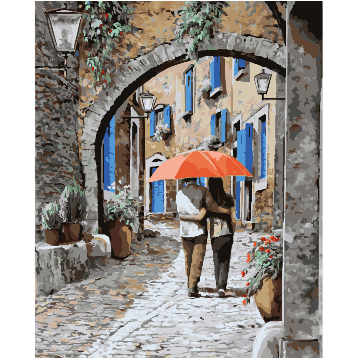 Картина за номерами Strateg ПРЕМІУМ Пара під парасолькою з лаком та рівнем розміром 40х50 см SY6613