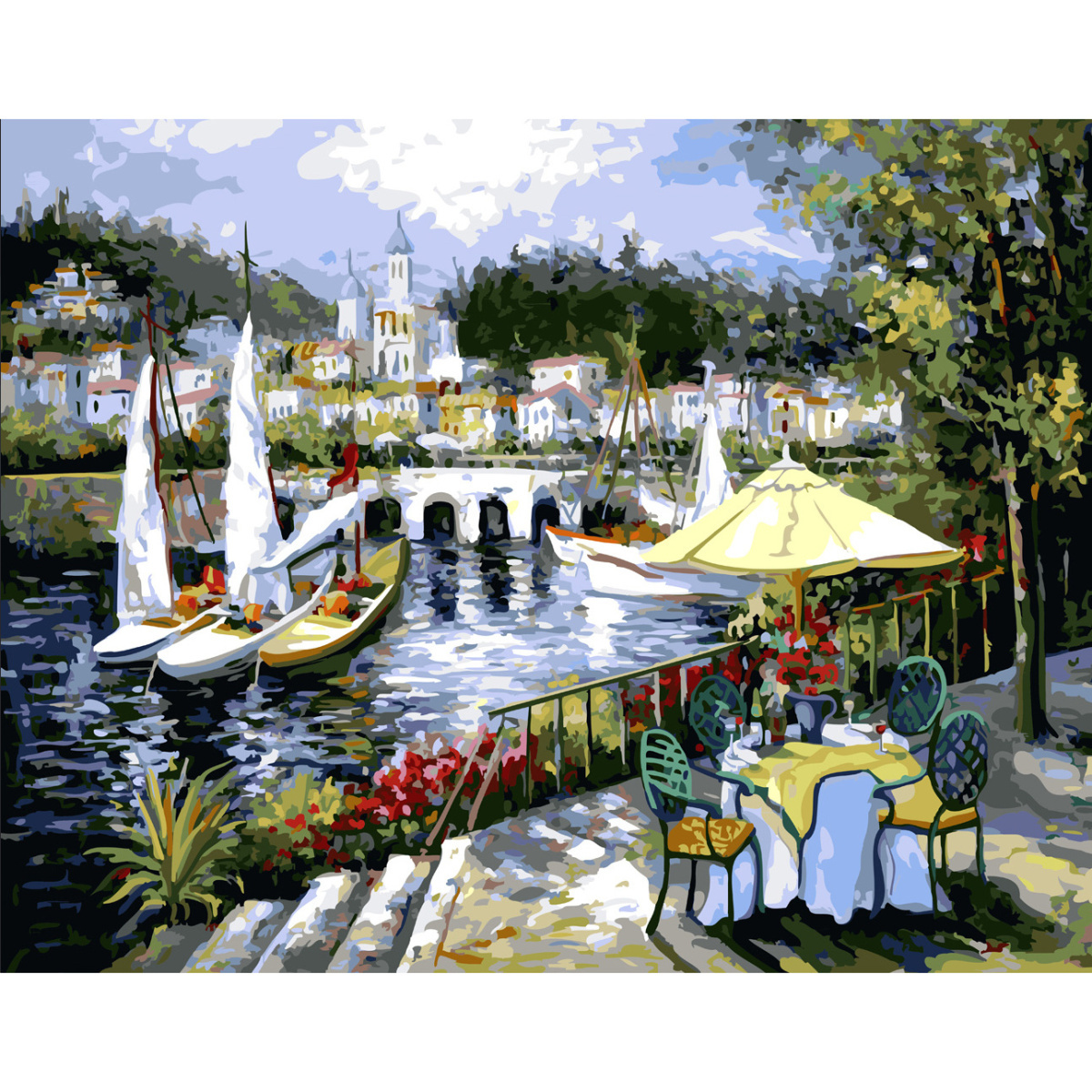 Picture by numbers Strateg PREMIUM Сніданок на пристані with varnish and a level size 40x50 cm SY6621