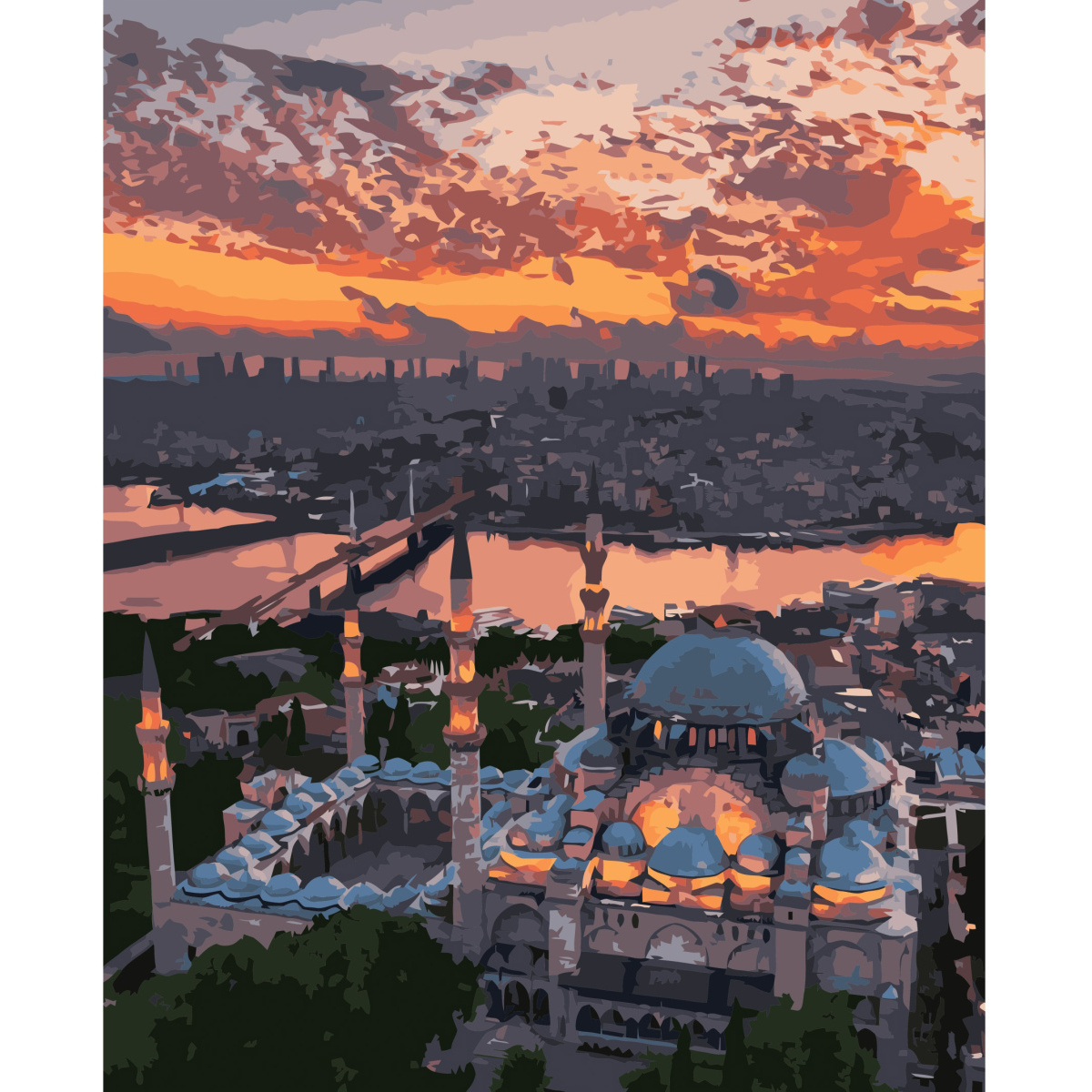 Картина по номерам Strateg ПРЕМИУМ Вечерний Стамбул с лаком и уровнем размером 40х50 см VA-3504