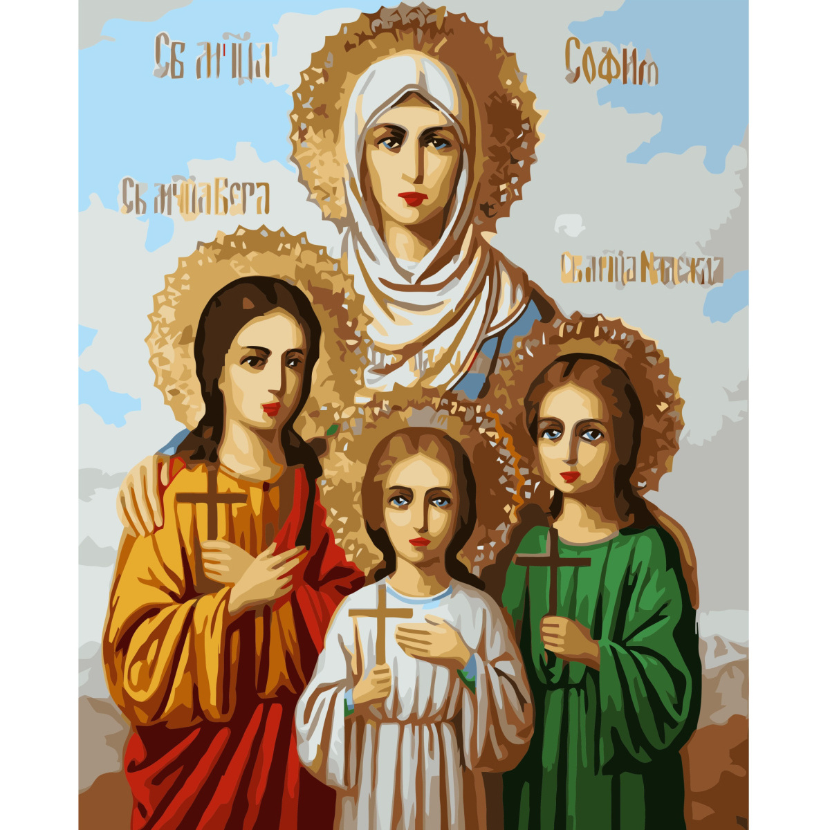 Картина по номерам Strateg ПРЕМИУМ Икона Веры, Надежды, Любви и их матери Софии с лаком и уровнем размером 40х50 см VA-3550