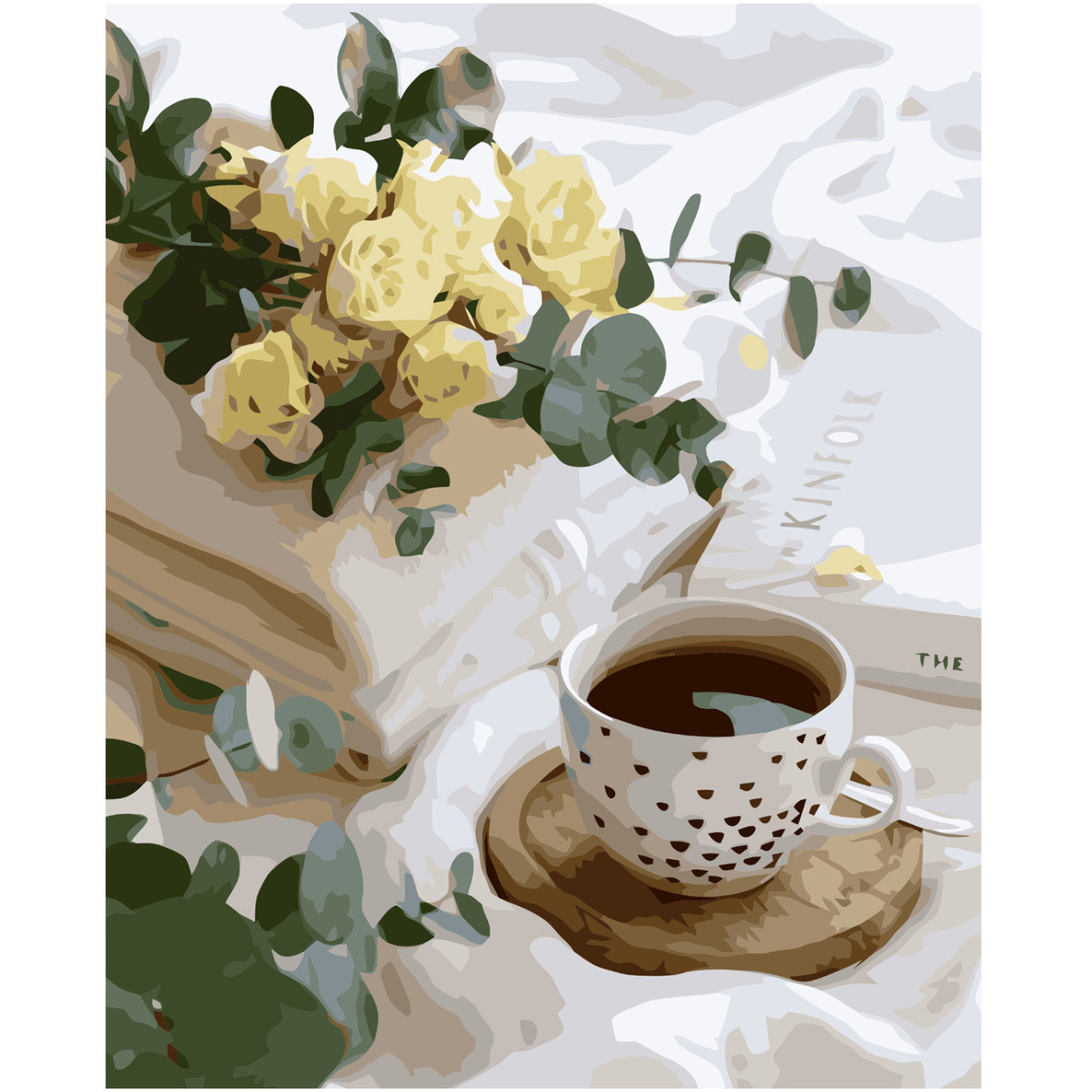 Картина по номерам Strateg ПРЕМИУМ Желтые цветы и кофе с лаком и уровнем размером 40х50 см VA-3697