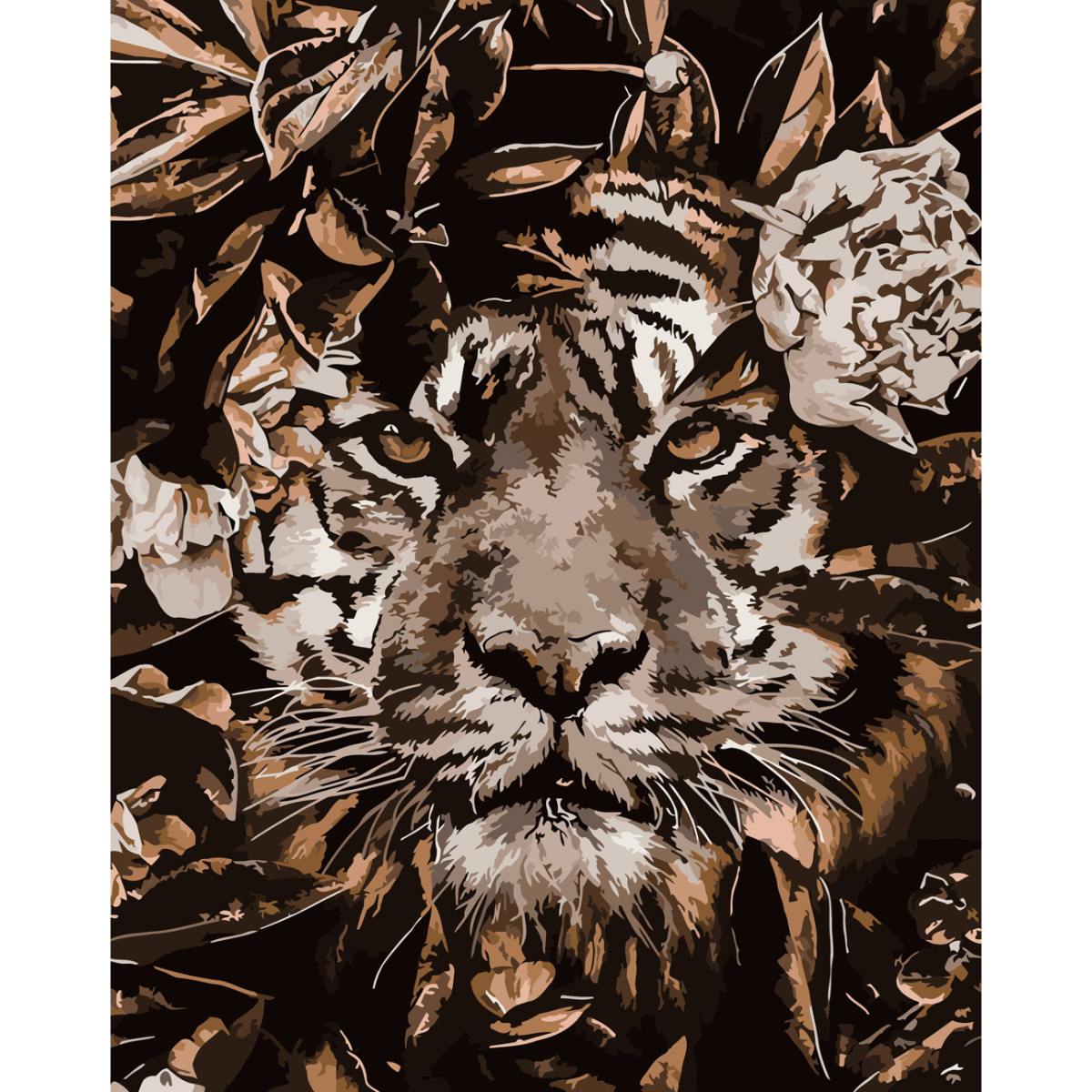 Картина за номерами Strateg ПРЕМІУМ Тигр у листі з лаком розміром 40х50 см (SY6710)