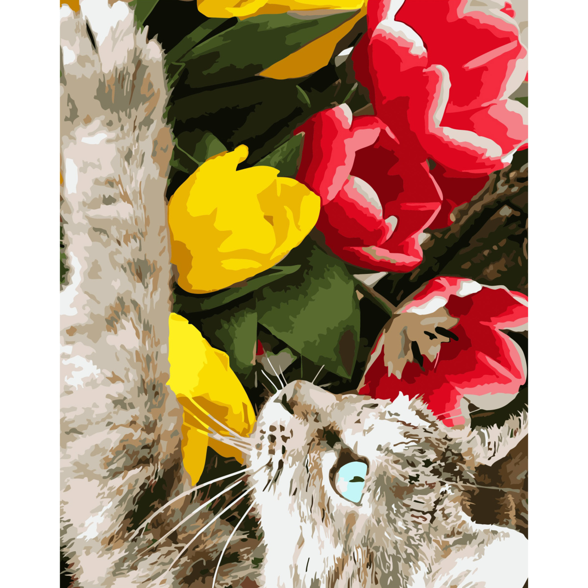 Картина за номерами Strateg ПРЕМІУМ Котик з тюльпанами з лаком та рівнем розміром 40х50 см (SY6810)