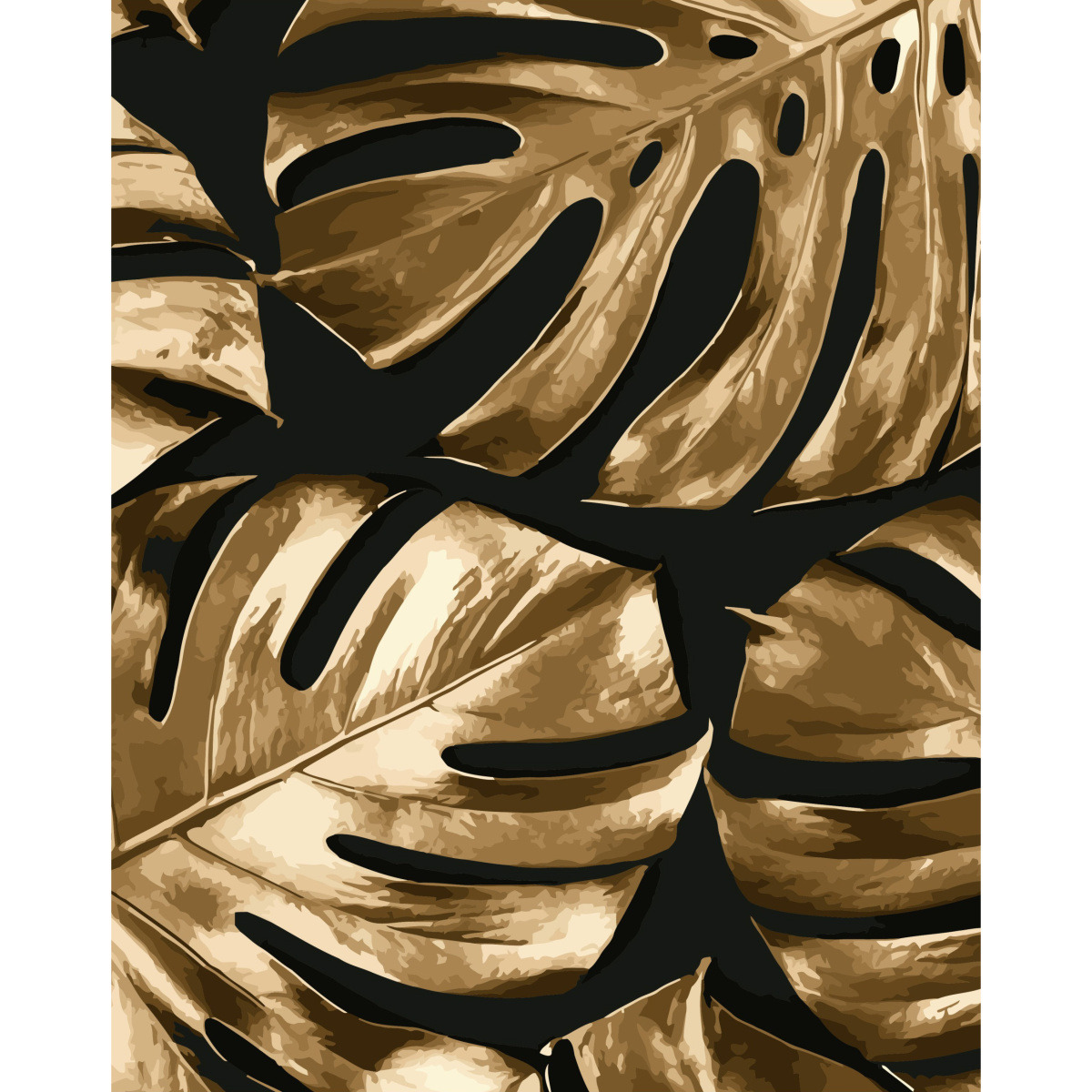 Картина за номерами Strateg ПРЕМІУМ Золоті листки монстери на чорному з лаком та рівнем розміром 40х50 см (SY6786)
