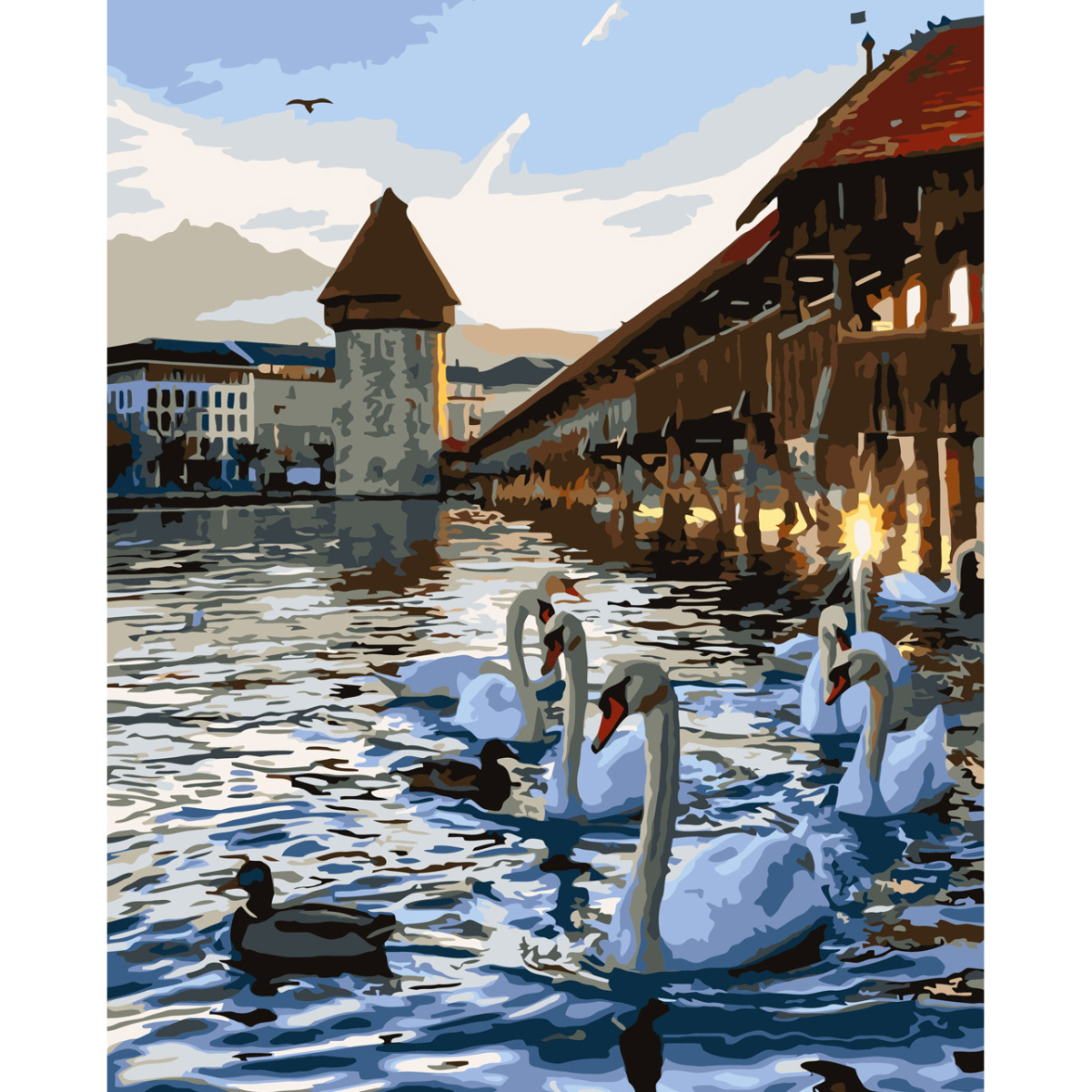 Картина за номерами Strateg ПРЕМІУМ Лебеді на воді з лаком розміром 30х40 см (SS-6475)