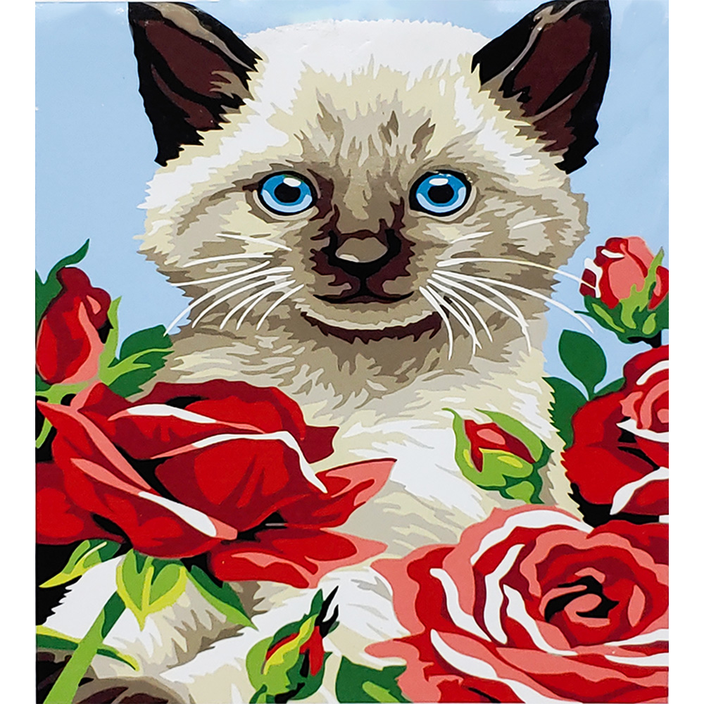 Картина за номерами Strateg ПРЕМІУМ Котик в трояндах з лаком розміром 30х40 см (SS6645)