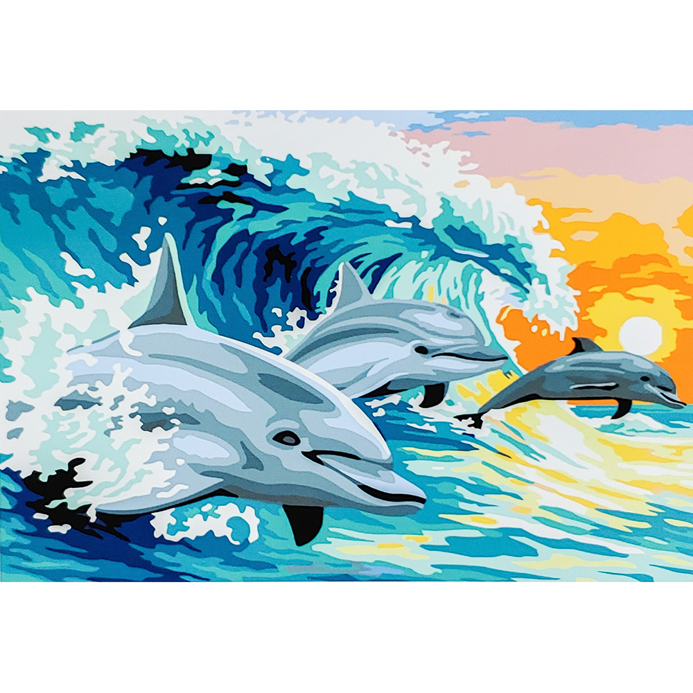 Картина за номерами Strateg ПРЕМІУМ Трійка дельфінів з лаком розміром 30х40 см (SS6651)