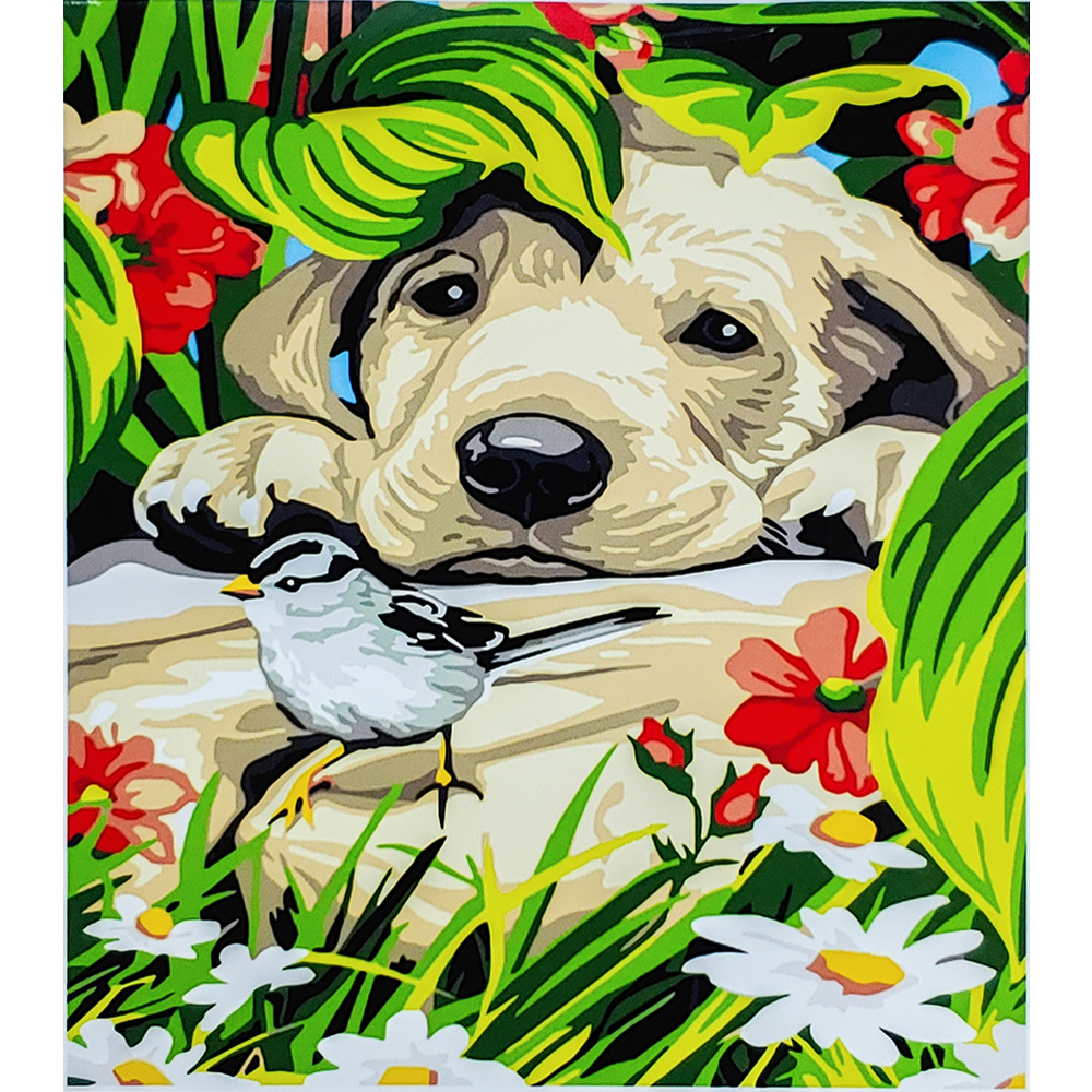 Картина за номерами Strateg ПРЕМІУМ Собачка з пташкою з лаком розміром 30х40 см (SS6652)