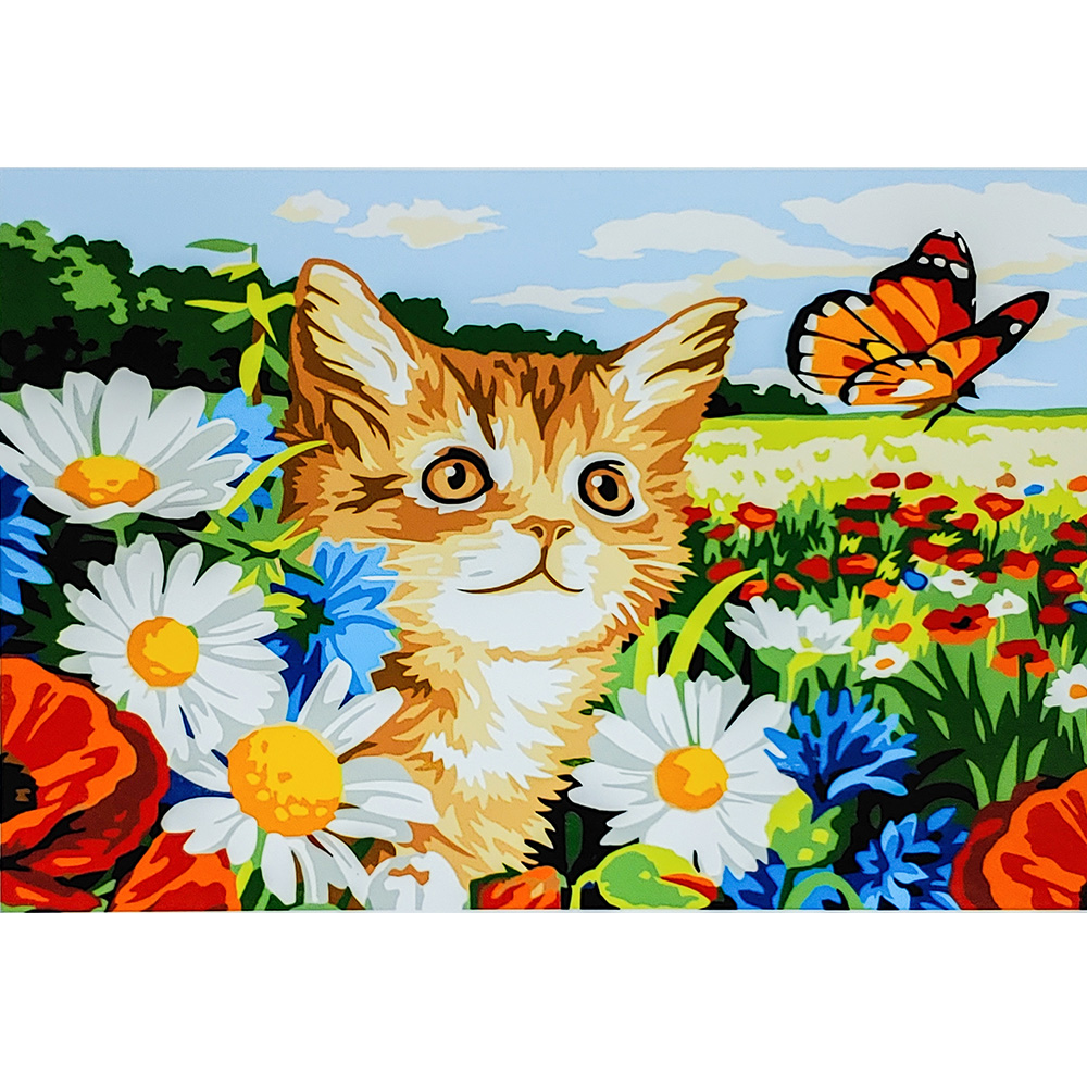 Котик з метеликом в квітах з лаком 