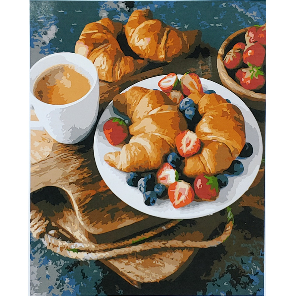 Картина за номерами Strateg ПРЕМІУМ Французький сніданок з лаком та рівнем розміром 40х50 см (SY6849)