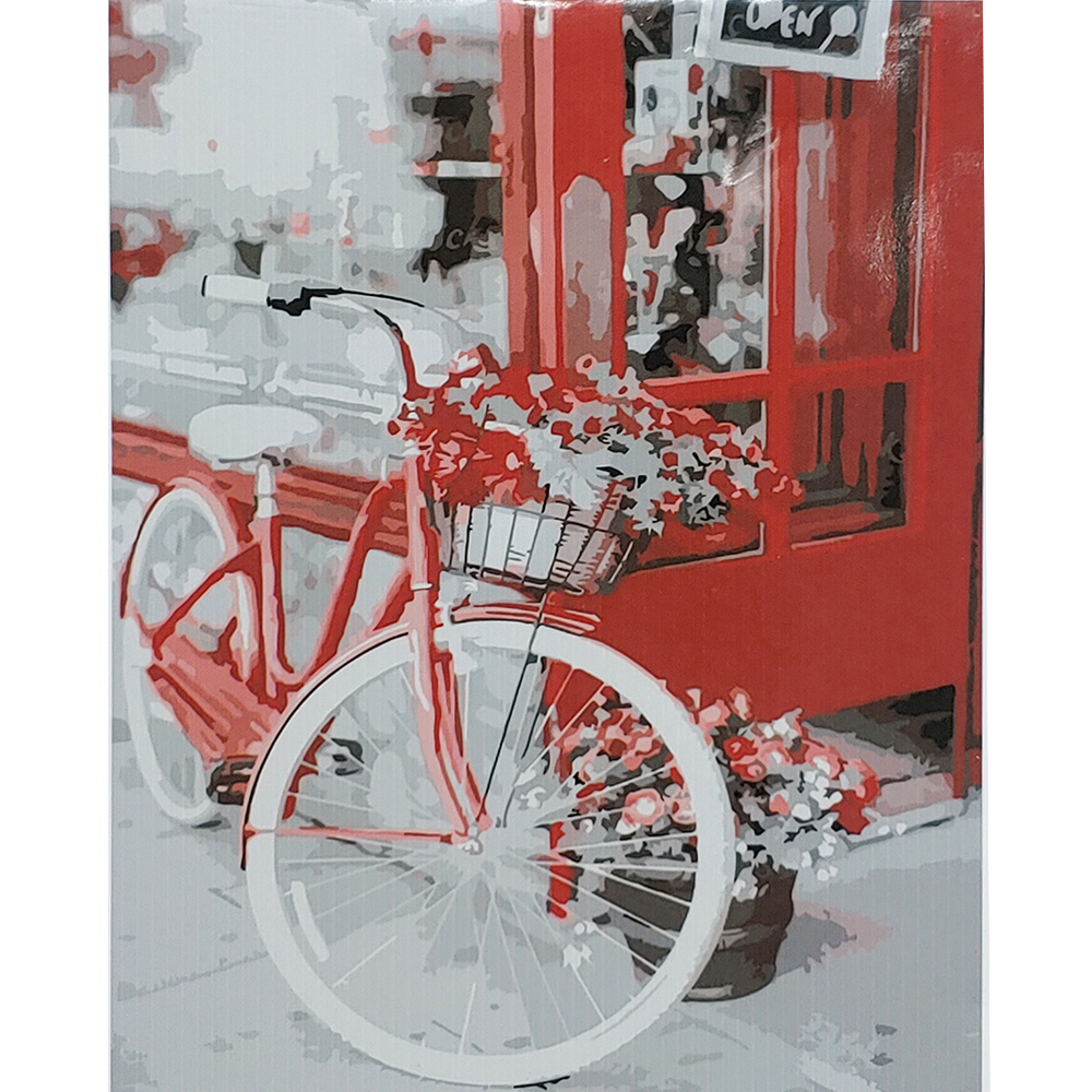 Картина за номерами Strateg ПРЕМІУМ Велосипед з квітами з лаком та рівнем розміром 40х50 см (SY6857)