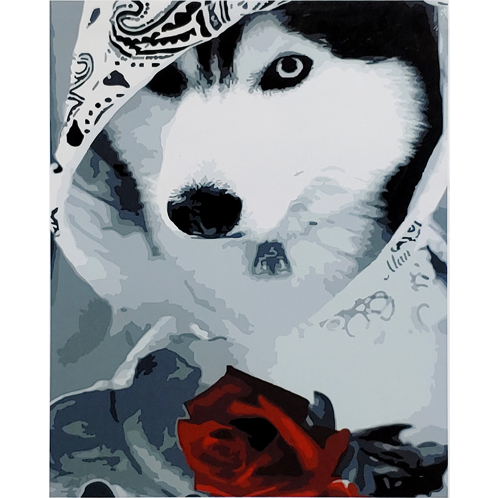 Картина за номерами Strateg ПРЕМІУМ Хаскі з трояндою з лаком розміром 40х50 см (SY6774)