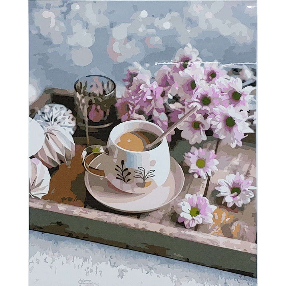 Картина за номерами Strateg ПРЕМІУМ Кава з квітами з лаком та рівнем розміром 40х50 см (SY6805)