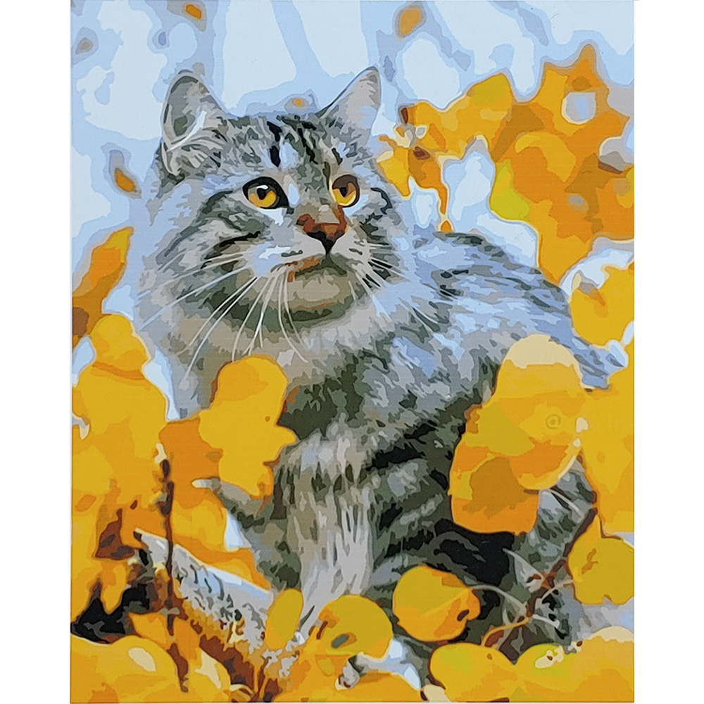 Картина по номерам Strateg ПРЕМИУМ Кот в листьях с лаком размером 40х50 см (SY6812)