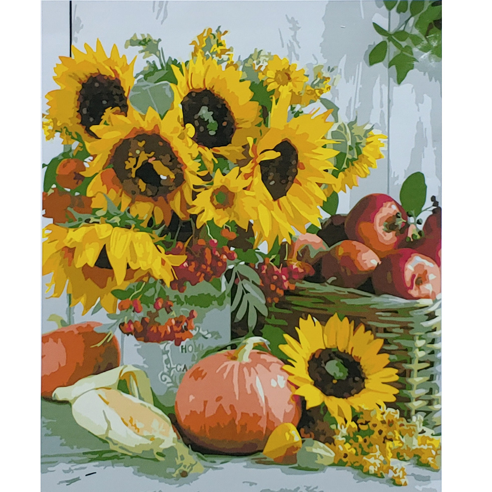 Картина за номерами Strateg ПРЕМІУМ Натюрморт з соняшниками з лаком та рівнем розміром 40х50 см (SY6814)